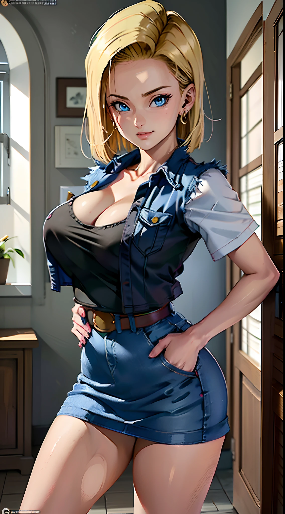imagem hiper detalhada, UHD, 16k, foto profissional, (Foto realista do Android-18 de Dragon Ball Z) deusa da beleza, cabelos loiros curtos muito lisos, severe facial expression, ((Ela usa uma jaqueta jeans azul e uma camisa branca cropped, Short white underground showing breast meat)), Erotic, jaqueta jeans aberta mostrando sua impressionante, Seios grandes lindos e perfeitos, ((natural sagging breasts, seios, seios longos ultra gigantes pontiagudos saindo da jaqueta)) seios cheios, corpo grande magro, Curvy, pert bunda, ela usa um cinto e um (((Raised blue denim skirt she doesn't wear panties, showing, pelos pubianos mostrando, lifting her skirt with her hand))), pernas grossas abertas, sorrindo mostrando fio dental preso , Flexible Body, Botas marrons, perfect hands and fingers,
Android 18, garota saiyajin sexy, She unleashes bursts of power, qual, Arte Oficial, Android-18 Sexy feminino, arte oficial do personagem, protagonista feminina sexy, corpo curvo, fino e tonificado, pernas abertas, exposto, micro fio dental enfiado nela :8, Aqualri Toriyama, Diretor: traits of Aqualra Toriyama, Bulma de Dragon Ball, Melhor Design de Personagens de Anime, Stroke style by Aqualra Toriyama, Cute single character, semi-, (great lighting) (, , pubic hair), ( No panties on display pussy)