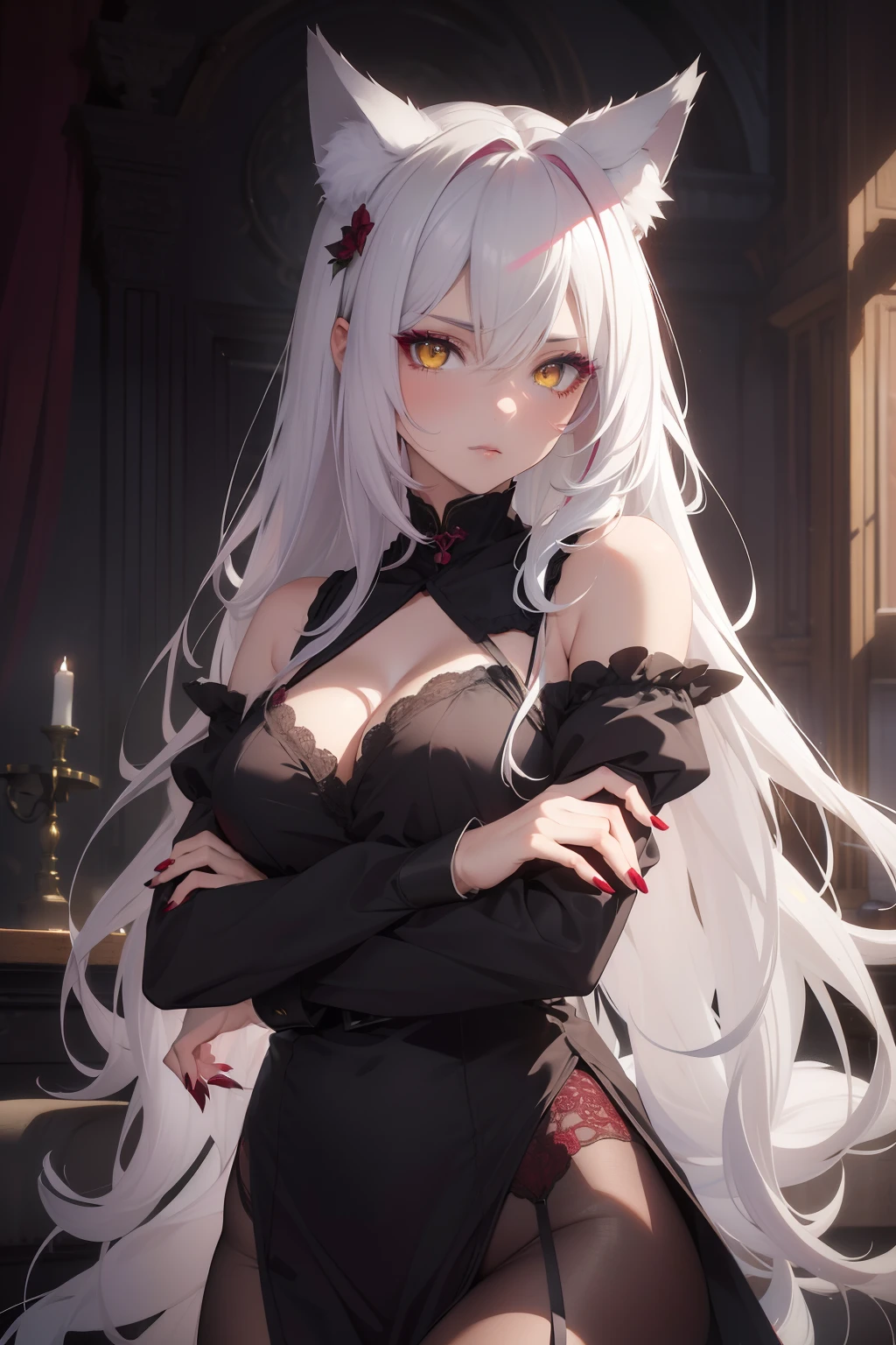 Best Quality, 超High Resolution, (Photorealistic:1.5), RAW photo, 1girl, fine details, ((bright yellow eyes)), ((burgundy eye shadow)), bright white hair, wolf ears, wolf tail, Masterpiece, depraved embarrassed posture, Posing, black and white maid suit, Long his, Long manicure, Fabric exposure,