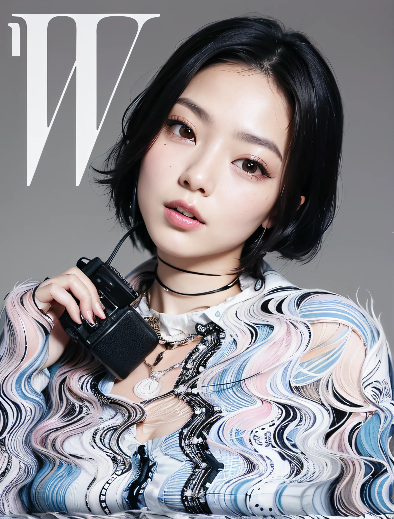 (Best quality, 8k, 32k, Masterpiece, UHD:1.2), Photo of Pretty Japanese woman, large breasts, very short bob hair, Black Hair, wavy clothes, Holding a camera