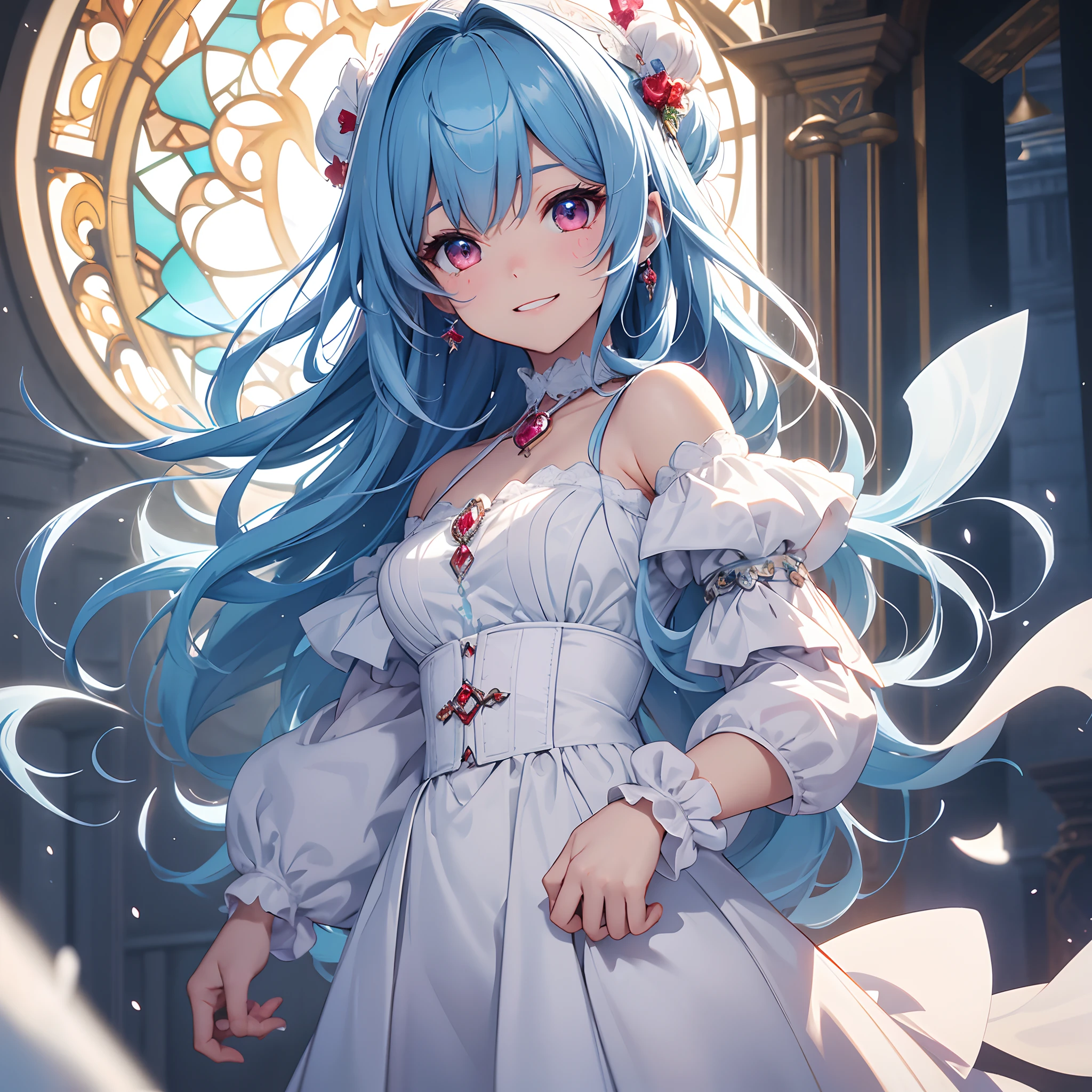 Professional quality、Thick contour lines、Iris Paying、Light Fantasy、Holy Light、Will O'Wisp、High-quality animations、Neck choker、faint luminescence from the body,,、Cute Birthmark Pose、playful grin、Powerful drawing、Circular halo spread around the world、There is a cute girl in the center、Girl with blue hair like sapphire and red eyes like ruby、Long Range Sites、Long-distance drawing、Realistic fabric texture、Wearing snow-white clothes、Clothes are expensive clothes with fine embroidery、Ultra-definition depiction of the background　Realistic textured backgrounds、Detailed Background Description、Stained glass background、