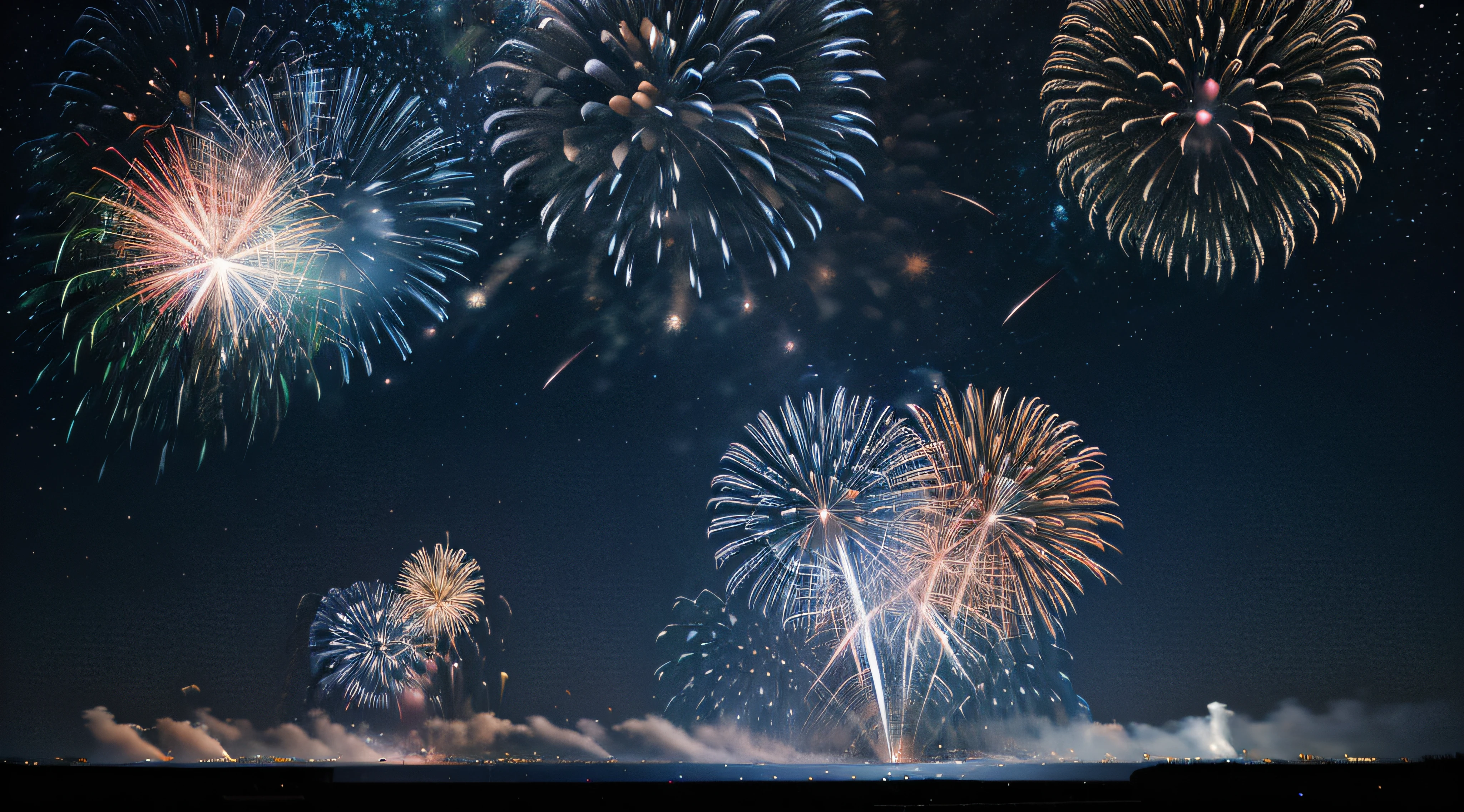 Fireworks on blue background with stars and space for text
