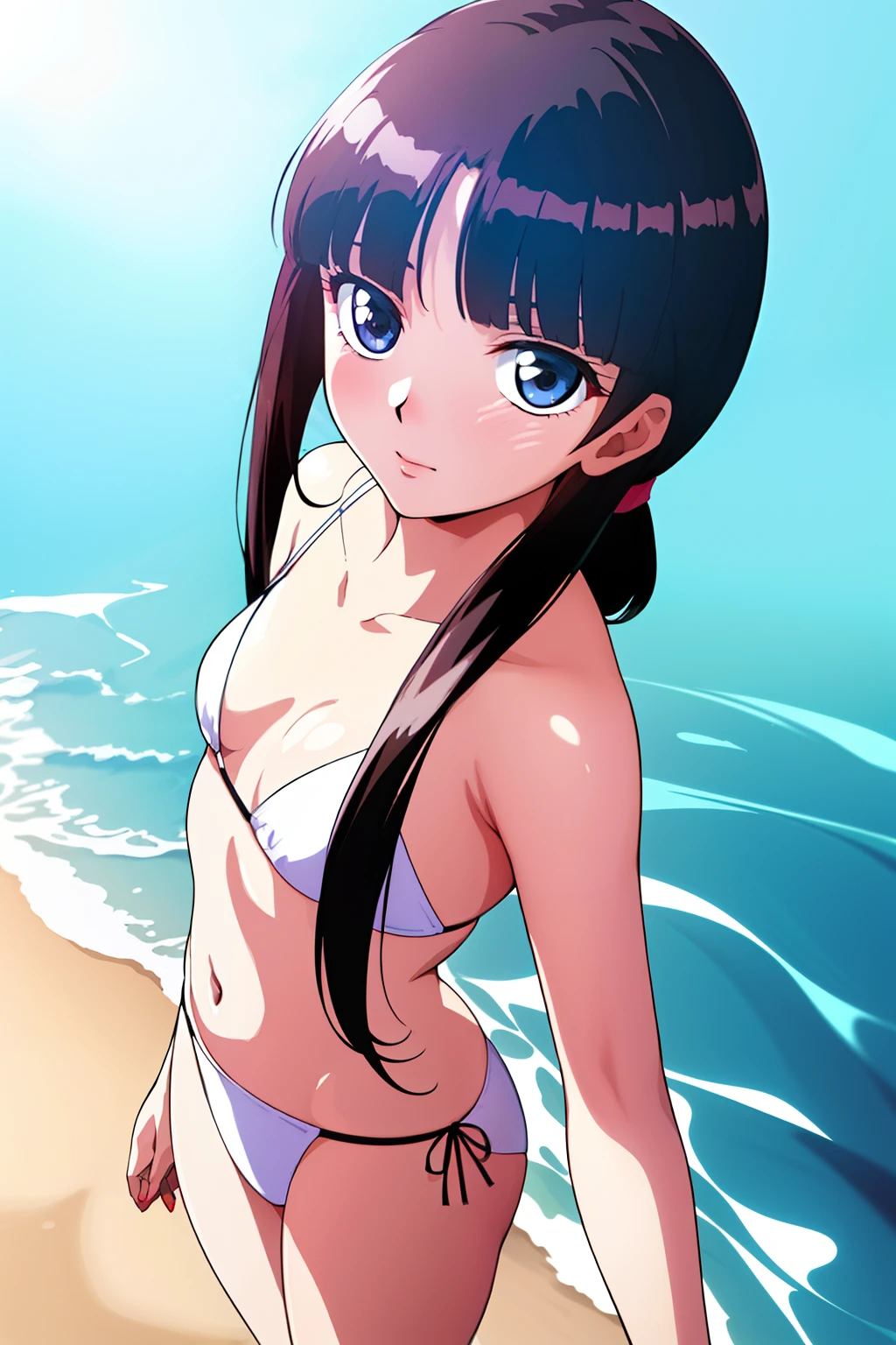 the beach, 
standing at attention,Shy laughter,embarrassed from、
White swimwear,
Hair Ornament, hair scrunchie, 
Low ponytail,Long hair,Bangs, Black hair, Blunt bangs,Big blue eyes,
1 girl, Small breasts, flat chest, Petite,Beautiful Finger,Beautiful long legs,Beautiful body,Beautiful nose,Beautiful character design, Perfect eyes, Perfect face,Expressive eyes,
Looking at Viewer, In the center of the image,(The upper part of the body_Body),(Focus on her face), (Innocent_Big_Eyes:1.0),
Official art,Highly detailed CG Unity 8k wallpaper, Perfect Lighting,Colorful, Bright_front_Face_Lighting,
(masutepiece:1.0),(best_quality:1.0), 超A high resolution,4K,Ultra-detailed,
Photography, 8K, nffsw, hight resolution, absurderes:1.2, Kodak Portra 400, Film grain, Lens Flare, (Vibrant_Color:1.2)
(Beautiful,breasts:1.4), (Beautiful_Face:1.5),(narrow_waist),