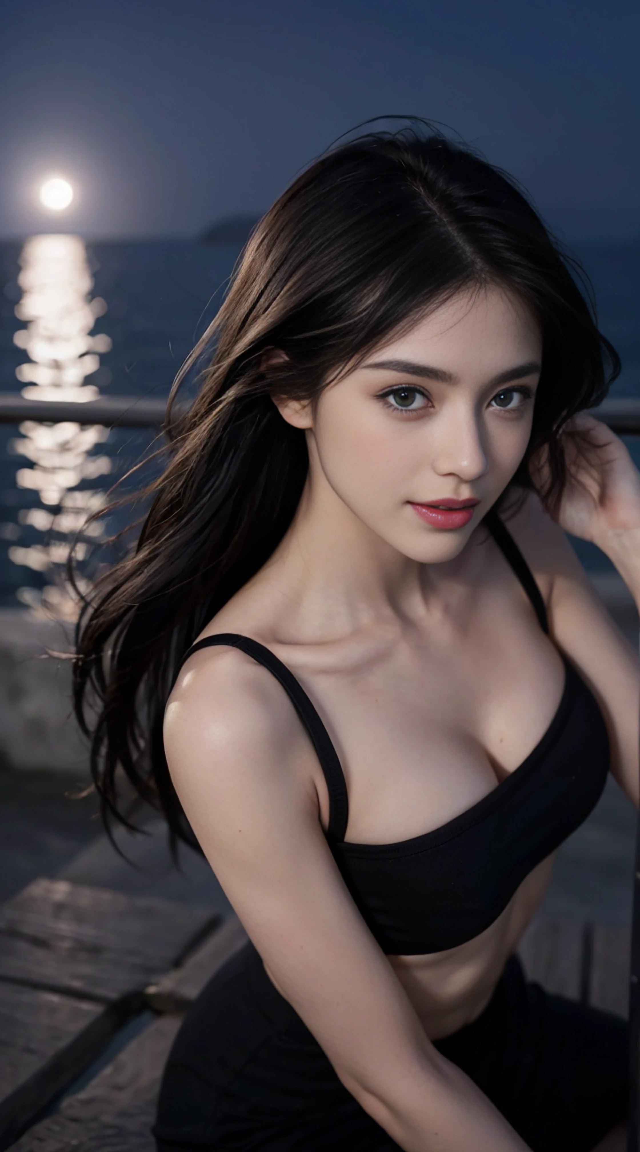 8K, Top Quality, Intricate Details, Ultra Detail, Ultra High Resolution, Masterpiece, random angle, Slender, Smile, (Makeup: 0.4), (Fluffy Blue Eyes: 1.21), blue Eyes, looking at viewer, ((full body)), 1girl, solo, 1 girl, (( full body)), close up shot, , ((tall)), (((fit body))), (((slim face))), sharp face, sharp eyes, (((black hair, long hair, )) , (detailed face), sharp face, small lips, wind blowing hair,
(( )), ((sexy )), detailed face, detailed breast, , large breast, detail ass, , Beautiful girl with accentuated slender abs: 1.4, Six Pack Abs: 1.4, Bust Botox, Big, Perfect Body, detail leg, (( moonlight)), top of mountain