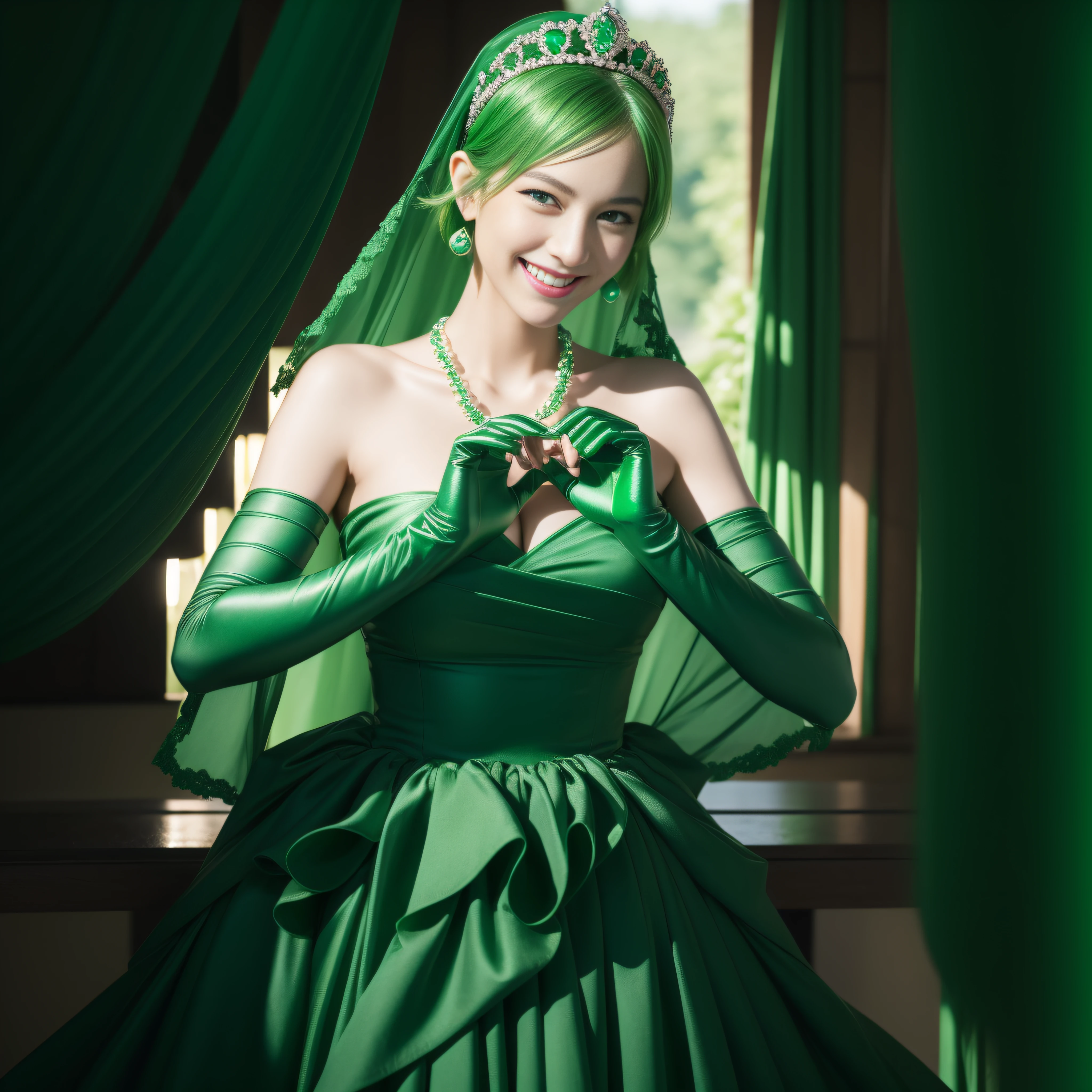 emerald tiara, Green Pearl Necklace, Boyish very short green hair, lipsticks, Japan woman smiling, very short short hair,  big breasts beautiful, Green eyes, Long green gloves made of satin material, Green eyes, Emerald Earrings, green vale, Heart with both hands,Green hair