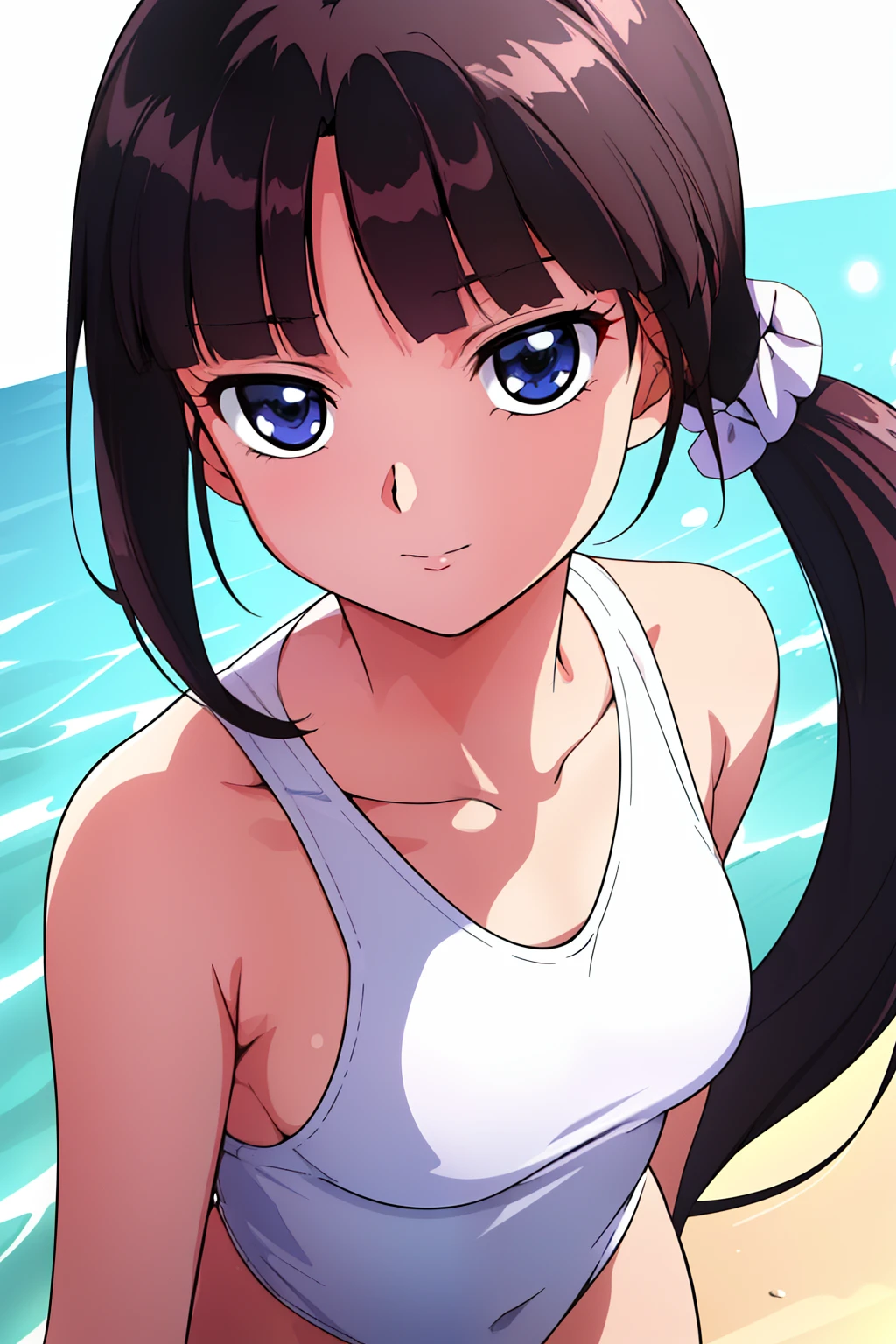 the beach, 
standing at attention,Shy laughter,embarrassed from、
White swimwear,
Hair Ornament, hair scrunchie, 
Low ponytail,Long hair,Bangs, Black hair, Blunt bangs,Big blue eyes,
1 girl, Small breasts, flat chest, Petite,Beautiful Finger,Beautiful long legs,Beautiful body,Beautiful nose,Beautiful character design, Perfect eyes, Perfect face,Expressive eyes,
Looking at Viewer, In the center of the image,(The upper part of the body_Body),(Focus on her face), (Innocent_Big_Eyes:1.0),
Official art,Highly detailed CG Unity 8k wallpaper, Perfect Lighting,Colorful, Bright_front_Face_Lighting,
(masutepiece:1.0),(best_quality:1.0), 超A high resolution,4K,Ultra-detailed,
Photography, 8K, nffsw, hight resolution, absurderes:1.2, Kodak Portra 400, Film grain, Lens Flare, (Vibrant_Color:1.2)
(Beautiful,breasts:1.4), (Beautiful_Face:1.5),(narrow_waist),