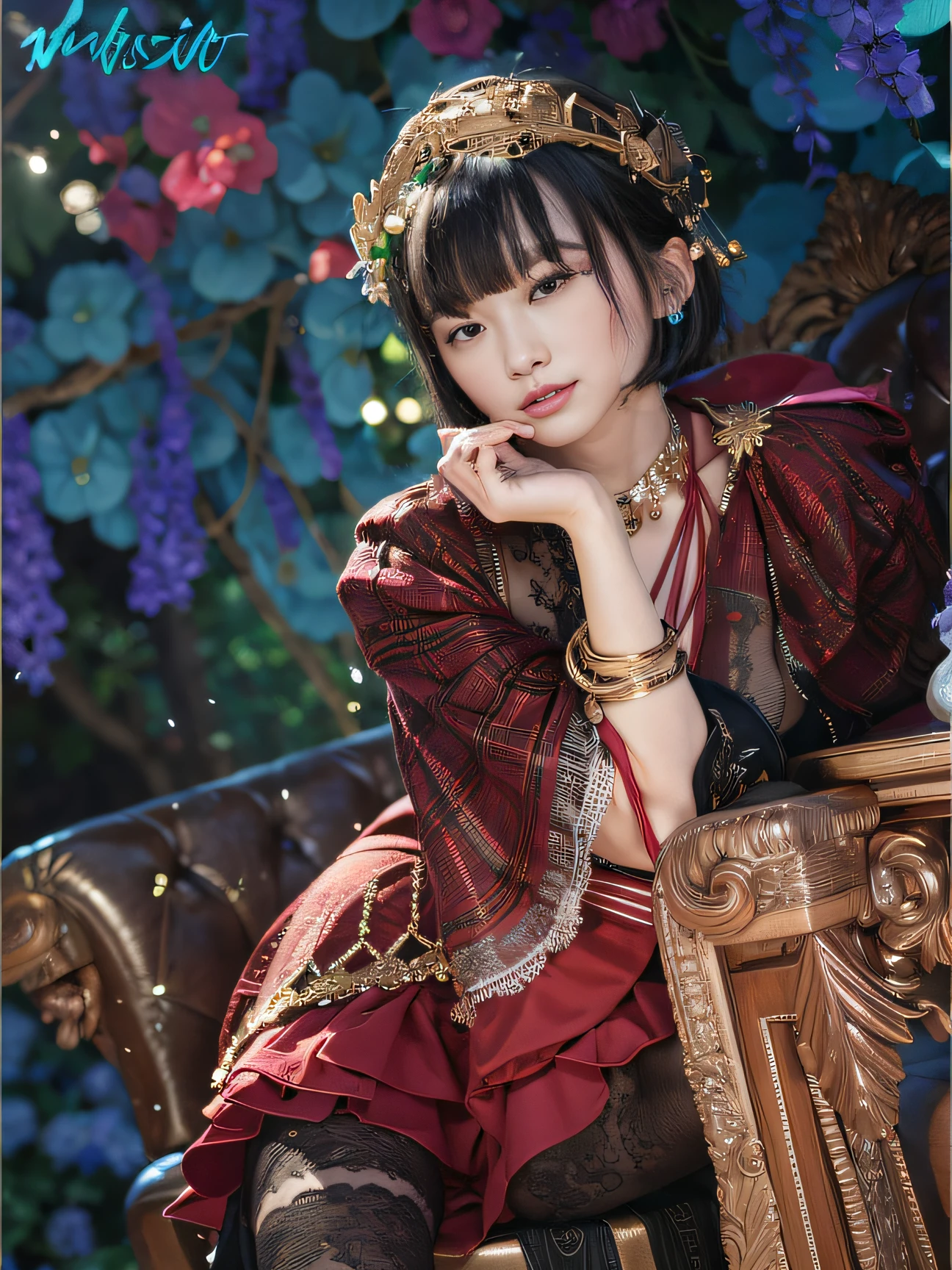 (Best quality, 8k, 32k, Masterpiece, UHD:1.2), Photo of Pretty Japanese woman, large breasts, very short bob hair, dark Hair, sensual clothing, golden chair