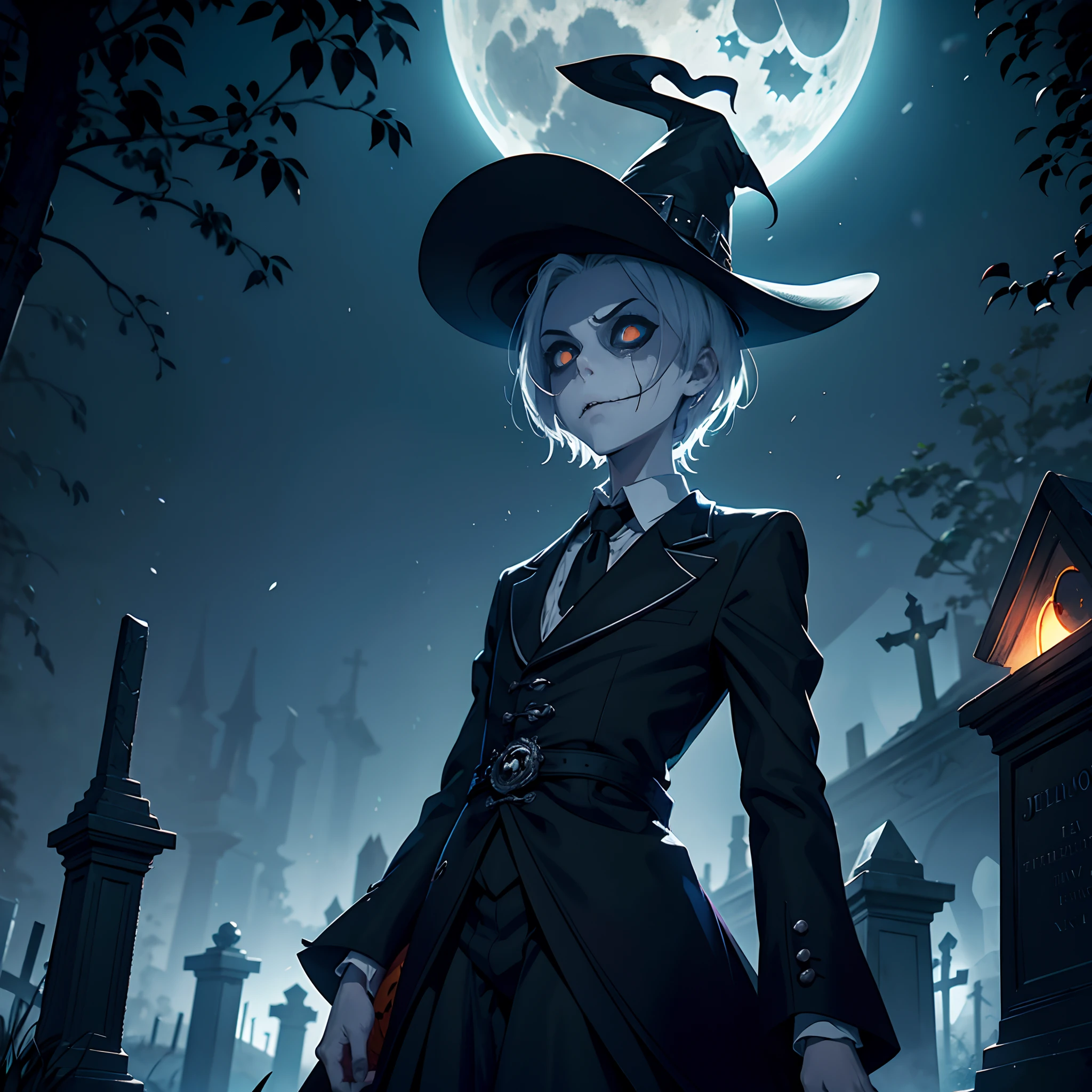 Representa a Jack Skellington, el Rey Calabaza, con su traje de esmoquin a rayas en medio de un retorcido, Gothic setting. Jack se encuentra en un cementerio oscuro cubierto de niebla, con alto, Thin tombstones slanted at odd angles. La luna llena brilla con un resplandor plateado en el cielo estrellado. Jack se para en el centro de la escena, with an intriguing expression on his skeletal face. Sostiene una linterna de calabaza que emite una luz verde brillante y proyecta sombras espectrales a su alrededor. On nearby headstones, Graba inscripciones curiosas y oscuras. The ground is covered with, hojas crujientes, y en la distancia, en las sombras, puedes ver a los extravagantes habitantes de Halloween Town, como Sally, el hombre del saco, y el Payaso Bola de Nieve. The atmosphere should convey the haunting and enchanting spirit of Tim Burton's 'The Strange World of Jack'."