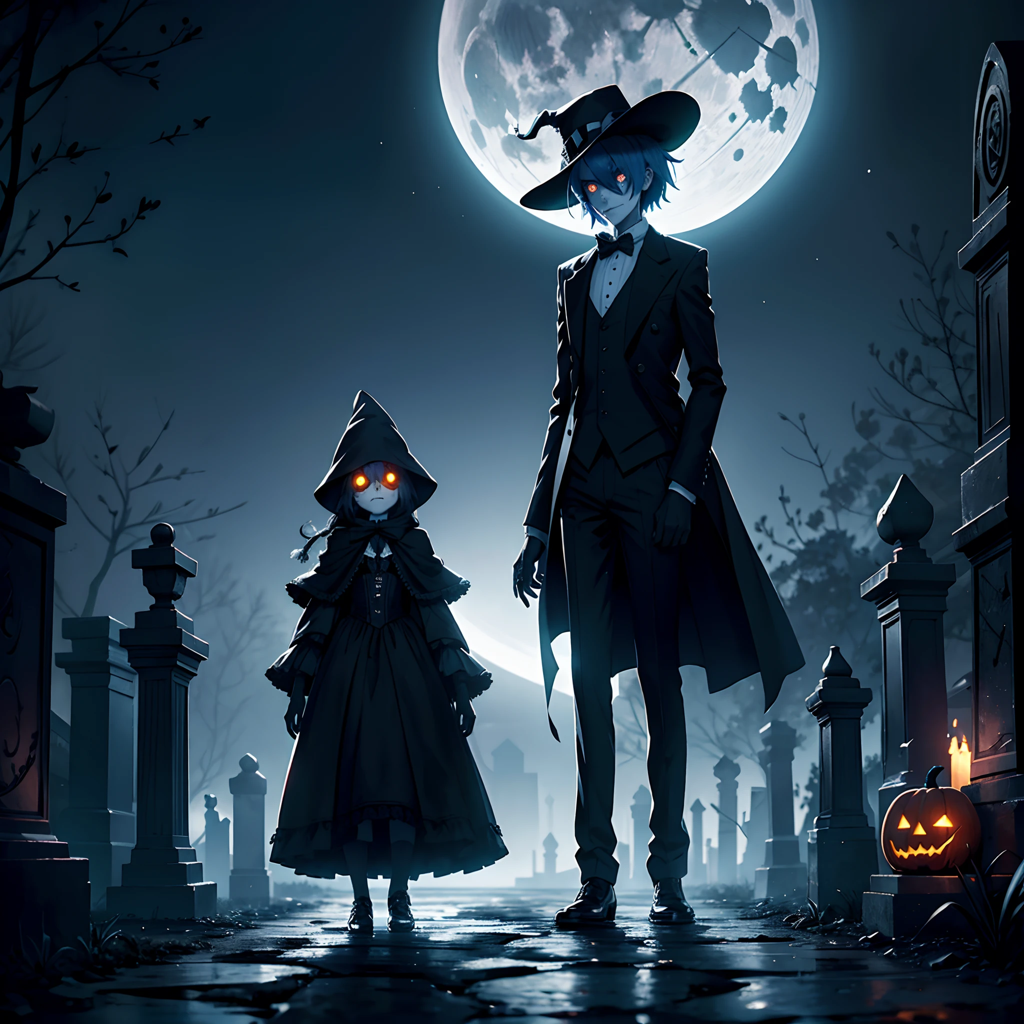 Representa a Jack Skellington, el Rey Calabaza, con su traje de esmoquin a rayas en medio de un retorcido, Gothic setting. Jack se encuentra en un cementerio oscuro cubierto de niebla, con alto, Thin tombstones slanted at odd angles. La luna llena brilla con un resplandor plateado en el cielo estrellado. Jack se para en el centro de la escena, with an intriguing expression on his skeletal face. Sostiene una linterna de calabaza que emite una luz verde brillante y proyecta sombras espectrales a su alrededor. On nearby headstones, Graba inscripciones curiosas y oscuras. The ground is covered with, hojas crujientes, y en la distancia, en las sombras, puedes ver a los extravagantes habitantes de Halloween Town, como Sally, el hombre del saco, y el Payaso Bola de Nieve. The atmosphere should convey the haunting and enchanting spirit of Tim Burton's 'The Strange World of Jack'."