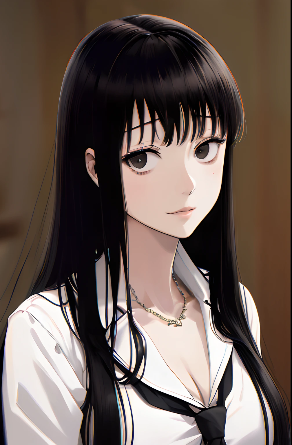 highres, crisp focus, Pixiv masterpieces, ((intricate detailed)), high-detail, 1girls, long neck, Upper body, Kumori_Kuroko, Bags under the eyes, long-haired, Black Hair,  (Black eyes:1.2), Tie, very long hair, Black suit,