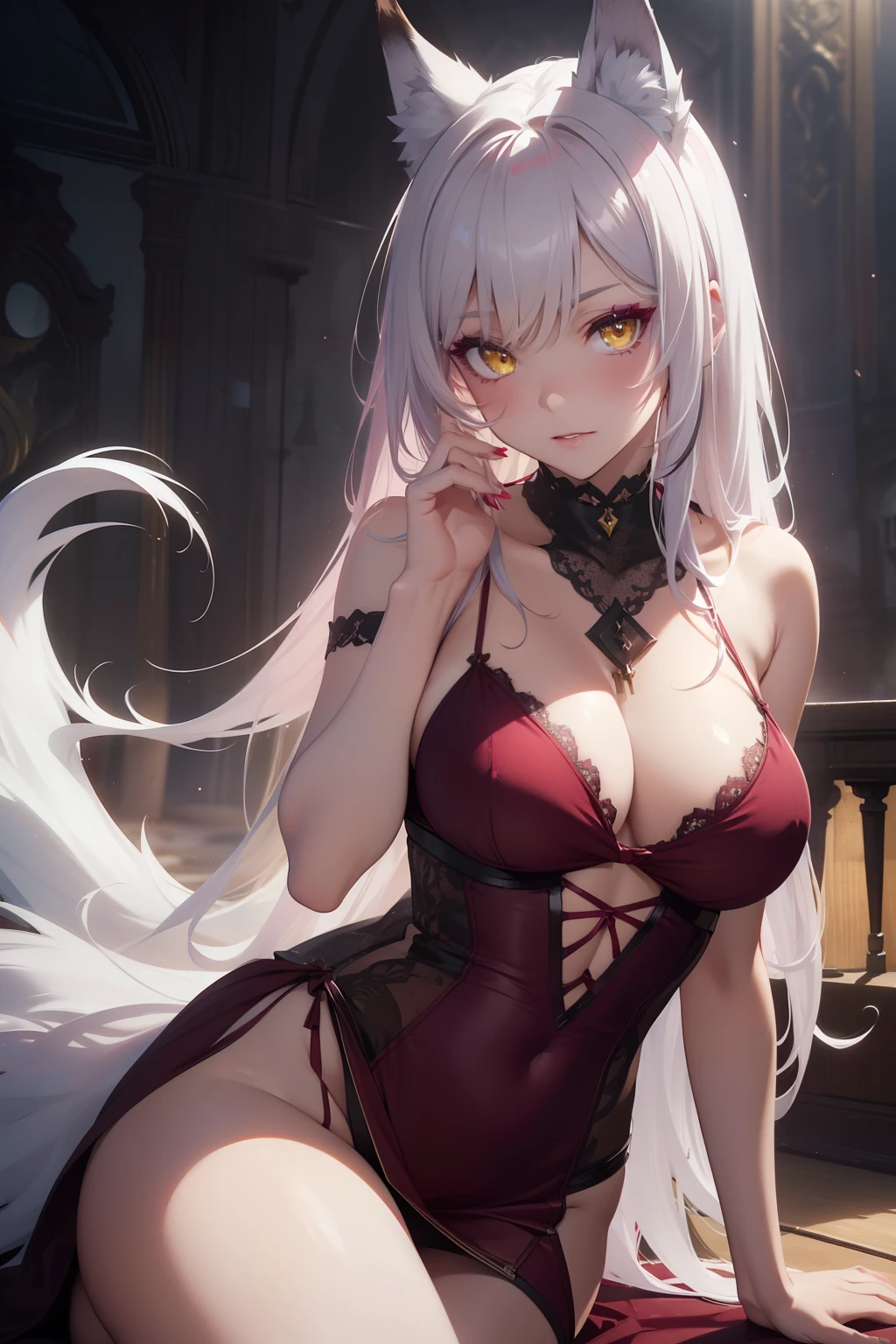 Best Quality, 超High Resolution, (Photorealistic:1.3), RAW photo, 1girl, fine details, ((bright yellow eyes)), ((burgundy eye shadow)), Bright White Hair, wolf ears, wolf tail, Masterpiece, NSFW, depraved embarrassed posture, Posing, white strappy dress, Shoulder Opening, Long manicure, Fabric exposure,