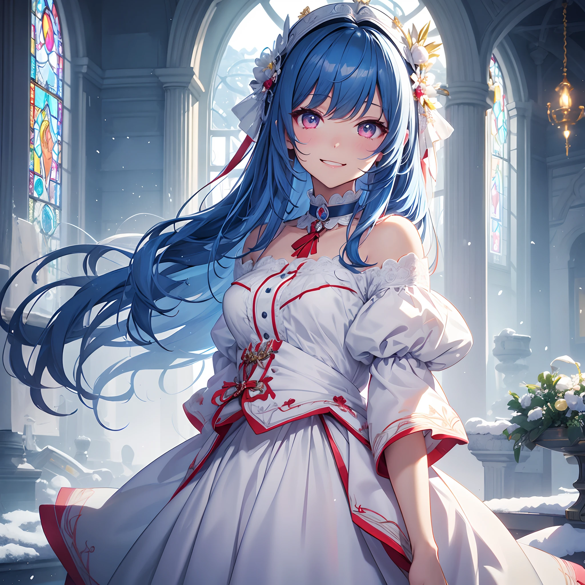 Sky Blue Medium Hair, (Braided Hair),(Pink Eyes),Fair skin ,(whole body),(1 girl)、Christmas、Santa Costume、present、Straight bangs,(masterpiece, Highest quality, Very detailed, Best Shadow), (Detailed Background), (Beautifully detailed face), High Contrast, (Best lighting, Very delicate and beautiful), ((Cinematic Light)), colorful, Hyper Detail, Dramatic Light, Intricate details,snow、