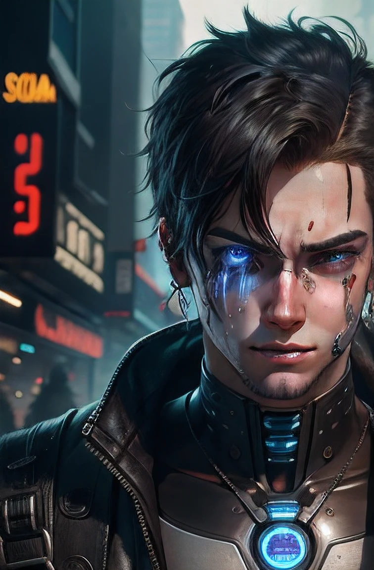 A Mechanical Sexy Cyberpunk Boy Detail of Face Crying All Over Body
