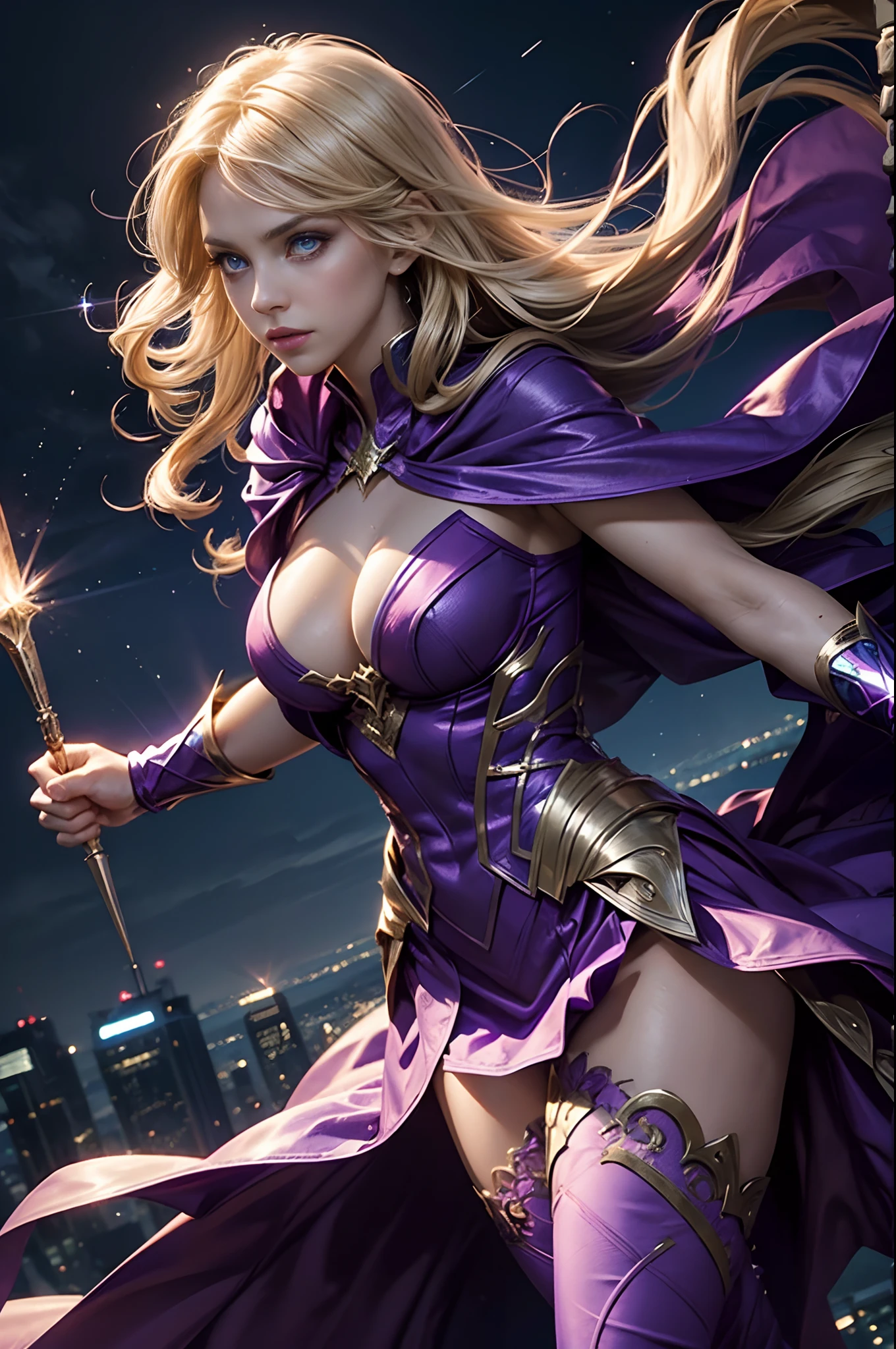 (magic:1.1, mystical, superhero, blond, dynamic, sexy, cleavage) [long blond hair], [sparkling blue eyes], [perfectly shaped body], (powerful, strong:1.1) [magic wand], [mysterious cape], (flying:1.1) [in mid-air], [dramatic poses], (intense:1.1) [spell casting], [bright energy beams], [magical artifacts], (epic battles:1.1), [city skyline], [explosions], (fierce:1.1) [facial expressions], [confident stance], [determined gaze], (beautifully detailed eyes, attractive facial features), purple outfit, cleavage, purple eyes, purple eye color