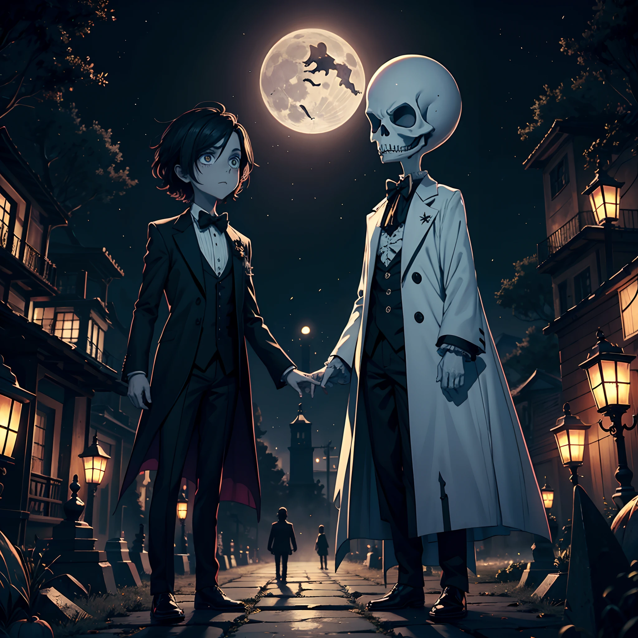 Representa a Jack Skellington, el Rey Calabaza, con su traje de esmoquin a rayas en medio de un retorcido, Gothic setting. Jack se encuentra en un cementerio oscuro cubierto de niebla, con alto, Thin tombstones slanted at odd angles. La luna llena brilla con un resplandor plateado en el cielo estrellado. Jack se para en el centro de la escena, with an intriguing expression on his skeletal face. Sostiene una linterna de calabaza que emite una luz verde brillante y proyecta sombras espectrales a su alrededor. On nearby headstones, Graba inscripciones curiosas y oscuras. The ground is covered with, hojas crujientes, y en la distancia, en las sombras, puedes ver a los extravagantes habitantes de Halloween Town, como Sally, el hombre del saco, y el Payaso Bola de Nieve. The atmosphere should convey the haunting and enchanting spirit of Tim Burton's 'The Strange World of Jack'."