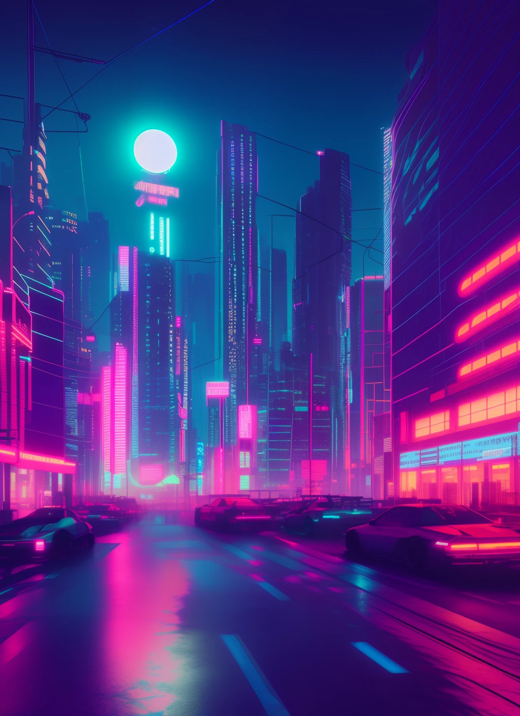 cyberpunkcity neon color blue hairs 8K bright precision rendering Nightfall sky Synth Wave