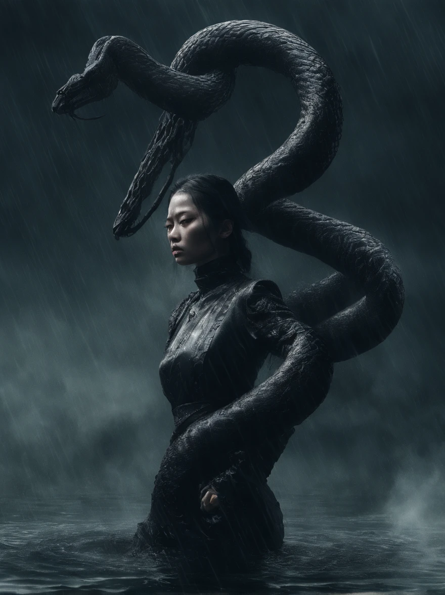 8K resolution,
foggy liquid swirling void
detailed underwater dystopian nightmare in the ocean
murky sepia subdued color, rippling water light effects
ultra detailed realistic light rays streaming through murky water
(wet oiled enigmatic, front view, angelic, alluring beautiful asian demon woman young liu wen, heavy eyeshadow and dark make up, squinting, with black curved ram horns, , a large serpent wrapped around her shoulders. moody dramatic lighting, storm-clouds, rainstorm, lightning, smoky swirling fog environment, ambiguous smoke background,)