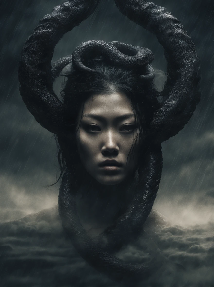 8K resolution,
foggy liquid swirling void
detailed underwater dystopian nightmare in the ocean
murky sepia subdued color, rippling water light effects
ultra detailed realistic light rays streaming through murky water
(wet oiled enigmatic, front view, angelic, alluring beautiful asian demon woman young liu wen, heavy eyeshadow and dark make up, squinting, with black curved ram horns, , a large serpent wrapped around her shoulders. moody dramatic lighting, storm-clouds, rainstorm, lightning, smoky swirling fog environment, ambiguous smoke background,)