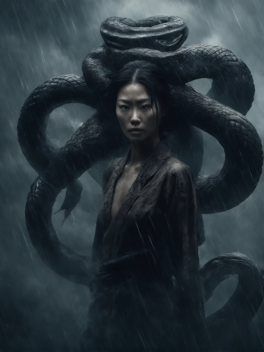 8K resolution, 
foggy liquid swirling void
detailed underwater dystopian nightmare in the ocean 
murky sepia subdued color, rippling water light effects
ultra detailed realistic light rays streaming through murky water 
(wet oiled enigmatic, front view, angelic, alluring beautiful asian demon woman young liu wen, heavy eyeshadow and dark make up, squinting, with black curved ram horns, , a large serpent wrapped around her shoulders. moody dramatic lighting, storm-clouds, rainstorm, lightning, smoky swirling fog environment, ambiguous smoke background,)