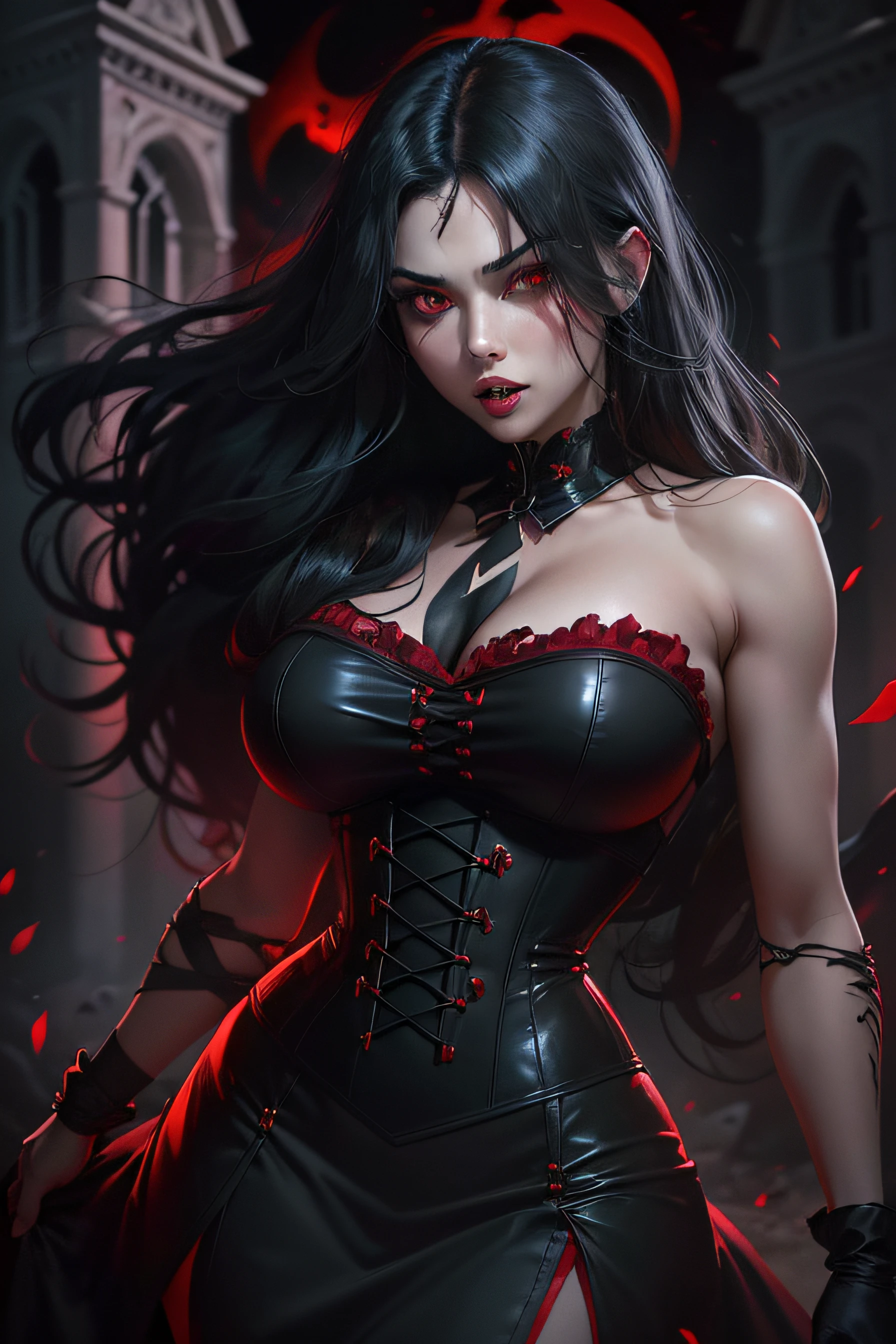 (sexy, busty, attractive) girl with (long, black) hair and (pale, fair) skin. She has (seductive, mesmerizing) (red) eyes and (sharp, visible) vampire fangs. She is wearing a (form-fitting, tight) corset dress in (red and black) colors. The scene is set in a (spooky, eerie) graveyard (at night) under a (full) moon.
