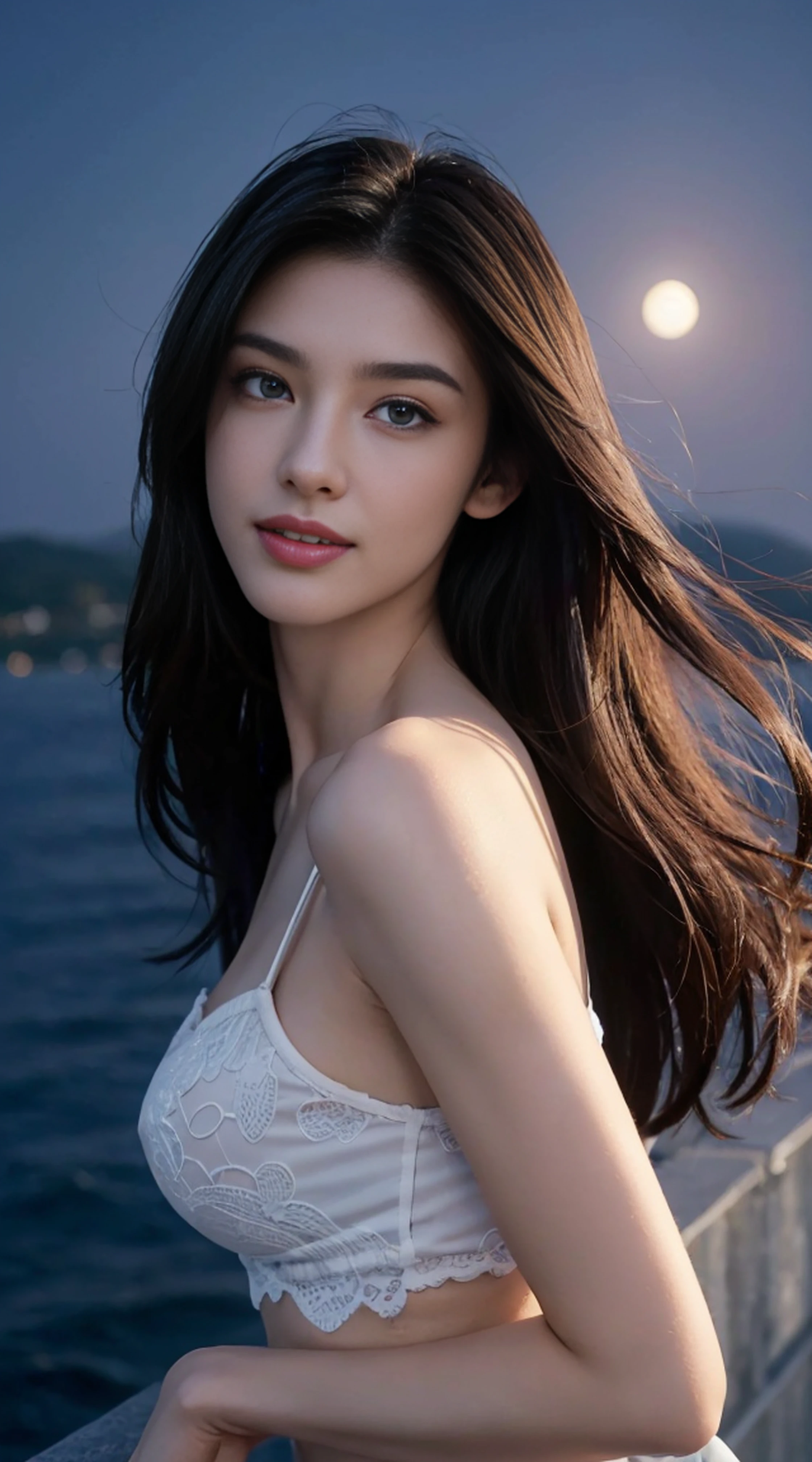 8K, Top Quality, Intricate Details, Ultra Detail, Ultra High Resolution, Masterpiece, random angle, Slender, Smile, (Makeup: 0.4), (Fluffy Blue Eyes: 1.21), blue Eyes, looking at viewer, ((full body)), 1girl, solo, 1 girl, (( full body)), close up shot, , ((tall)), (((fit body))), (((slim face))), sharp face, sharp eyes, (((black hair, long hair, )) , (detailed face), sharp face, small lips, wind blowing hair,
(( )), ((sexy )), detailed face, detailed breast, , large breast, detail ass, , Beautiful girl with accentuated slender abs: 1.4, Six Pack Abs: 1.4, Bust Botox, Big, Perfect Body, detail leg, (( moonlight)), top of mountain