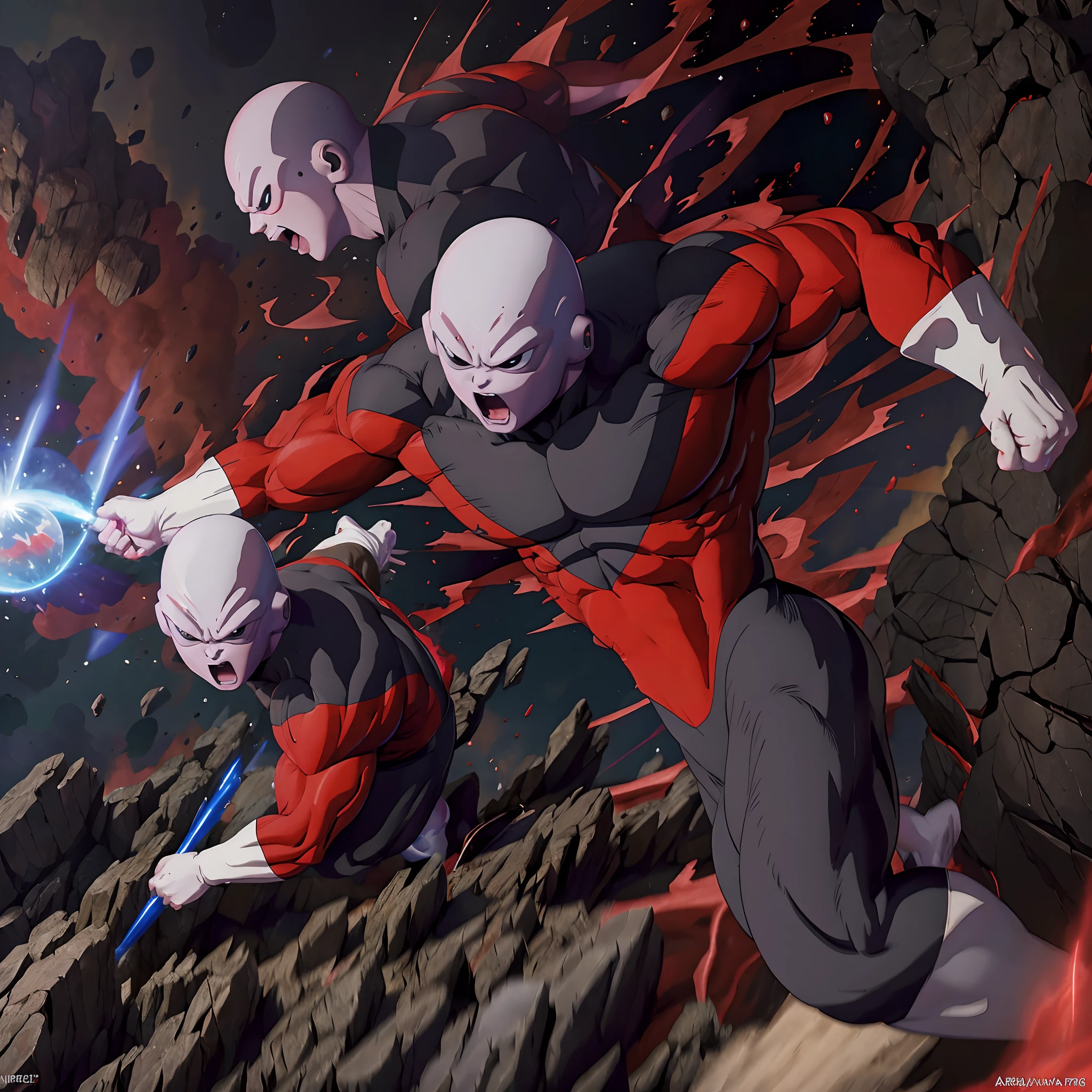 ((JIREN)), um close up de uma pessoa com uma roupa vermelha e preta, an epic anime of a energy man, transformando-se em sua forma final, corpo com lava preta e vermelha