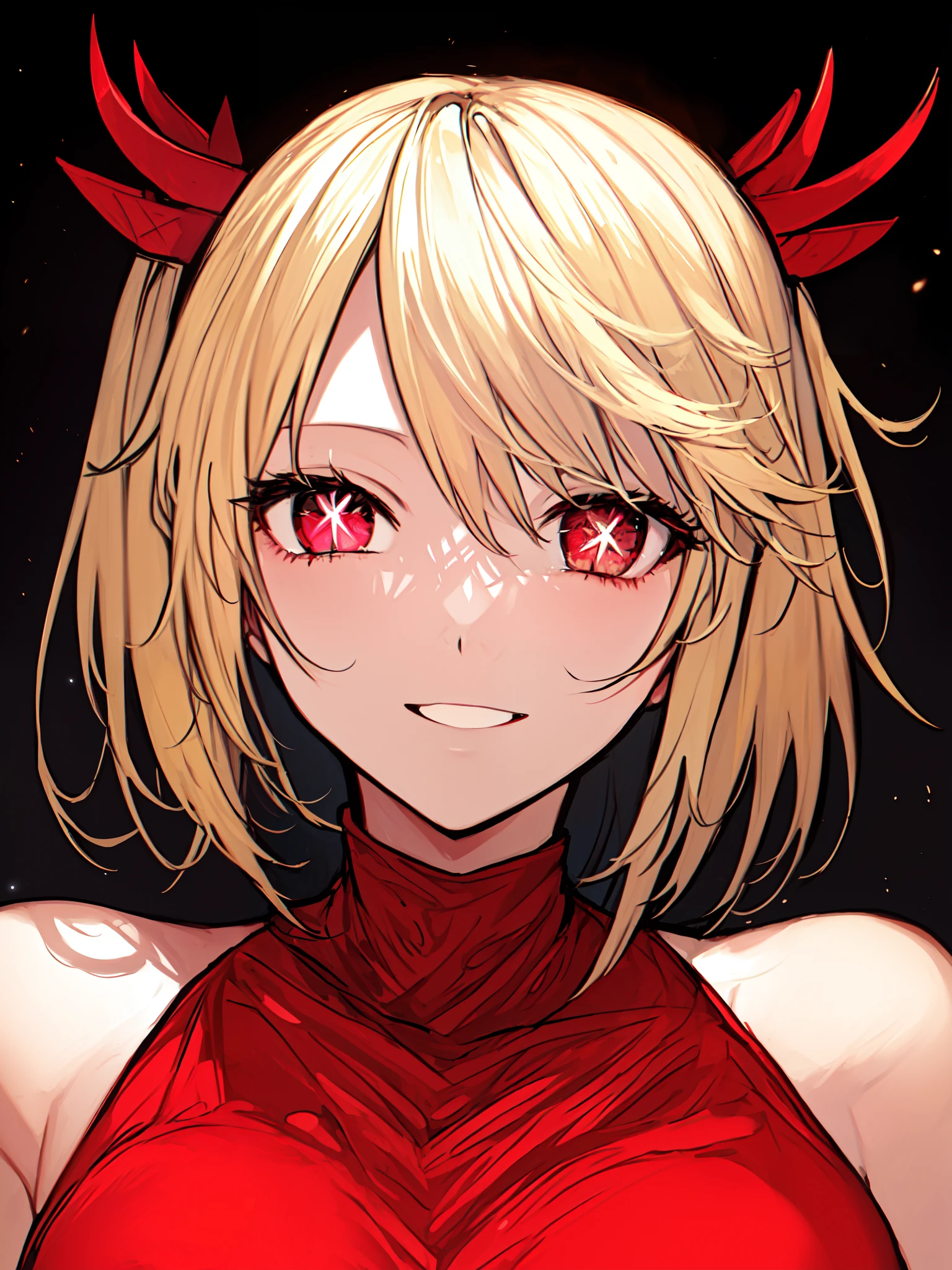 ruteko_(ruko220), ((monster girl)), two horns, ((bright blonde hair)), ((pigtail hairstyle)), ((short hair)), ((star-shaped pupils), bright red eyes, cheerful expression, upper body, portrait, mature female, complementary colors, ((light skin)), 1girl, beautifully drawn, high resolution illustration, best quality, High definition, detailed anime sketch, Masterpiece, (solo), absurdres, detailed background, fine detail, female focus, HDR,