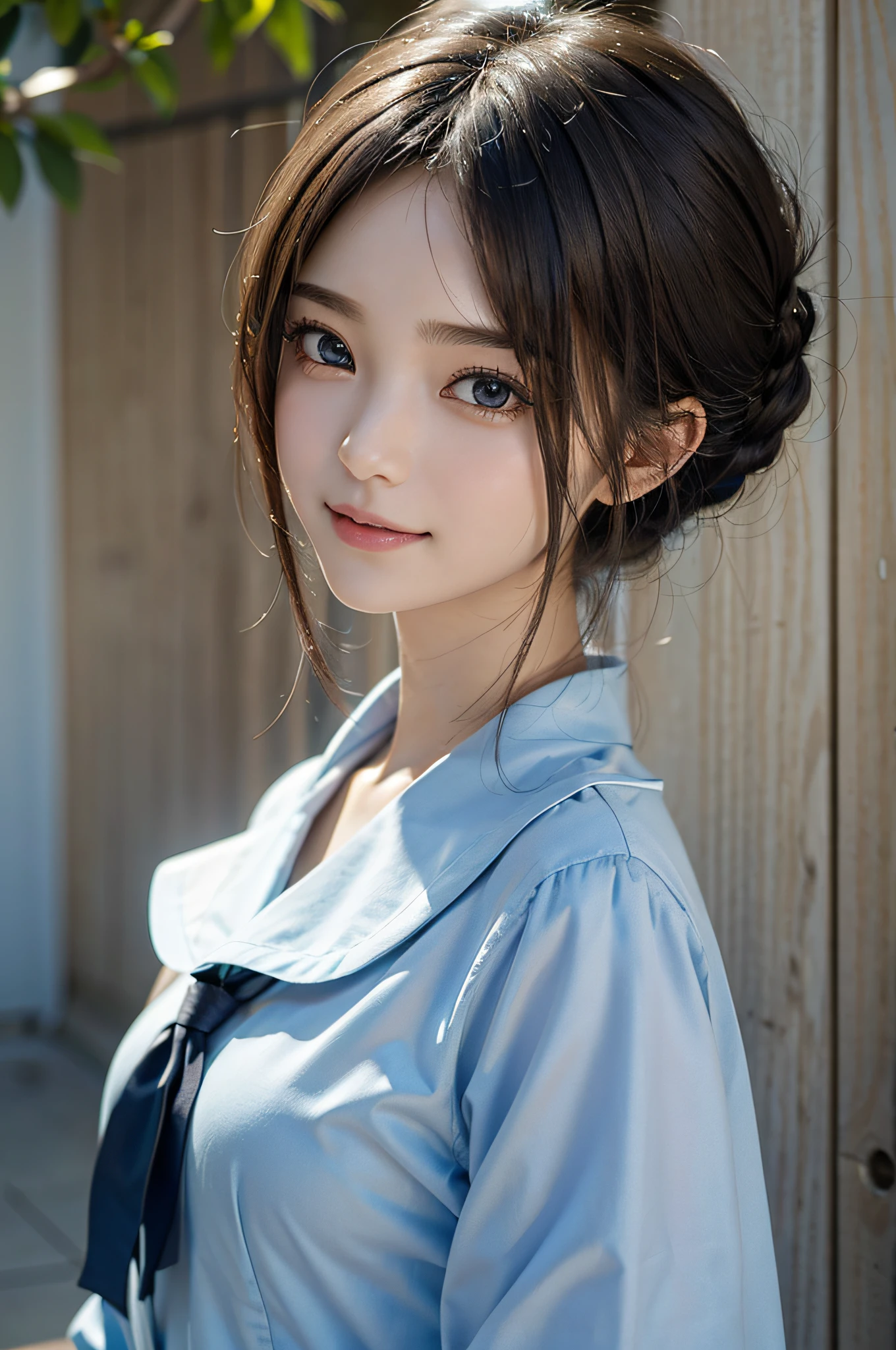 ​masterpiece, 1 beautiful girl, A detailed eye, Swollen eyes, top-quality, 超A high resolution, (reality: 1.4), 电影灯光, japanes, Trendy Korean Cosmetics、a asian beauty, very extremely beautiful, Beautiful skins, A slender, Forward-facing body, (A hyper-realistic), (hight resolution), (8K), (ighly detailed), ( Best Illustration), (beautifully detailed eyes), (ultra-detailliert), (wall-paper), 详细的脸, Bright lighting, Professional Lighting, looking at the viewers, Facing straight ahead、a pixie cut、Neat and clean clothing、background slightly blurred、Hair color is black、Hair color is partially bright blue、Japanese high school  girl、School Uniforms、Amazing smile、Eye color is brown、medium breasts⁩