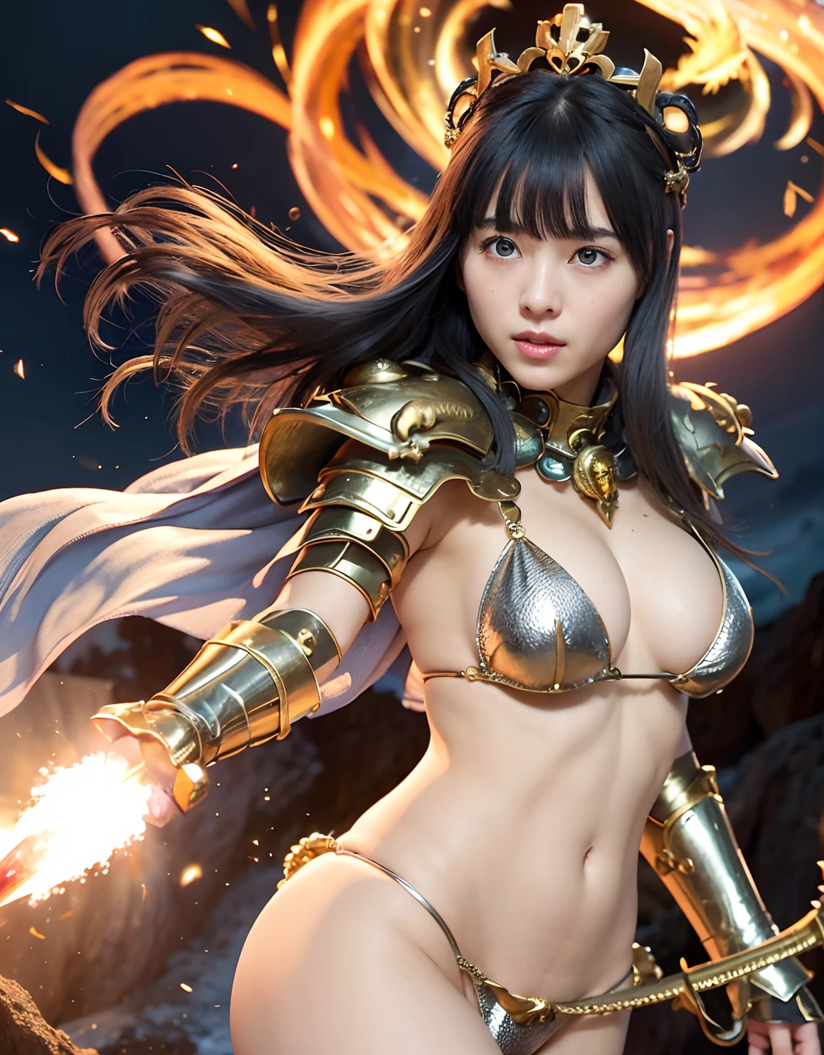 Professional , masterpiece、top-quality、photos realistic , 、top-quality、超A high resolution、(Photorealsitic:1.4)、Raw photo、depth of fields (Gemstone Gold Metal Body:1.9),(Matte White、Toostock、heavy breasts、(cleavage of the breast)、(((Micro Bikini Armor))),(Detailed Dragon Armor)、(Have the strongest weapon)、((Random Hairstyles 1.6),Dark Fantasy,)explosions、intense fighting、(Precipitous cliffs),Dragon Gold Weapon,Mystical expression、Particles of light、Fight dragons、(Detailed Dragon Helmet),Gorgeous Silver Weapons ,(( Dragon's dense and gorgeous sword)) , Beautiful knife ,warhammer 40k ,Detail and gorgeous crown、((Blue hair))、(Castle background)、、((Gangle's forest background))、Beautiful Caucasian beauty、1a person、dynamic ungle,(((With detailed shielding)))、Smaller head、A smile、Castle background、Thin and beautiful female hands、cleavage of the breast、Soldier in iron armor on background、Mystical expression、Light Effects、intense fighting、Wind-effect、magic circles、With the legendary magic wand、(demonic wings)、Toostock、