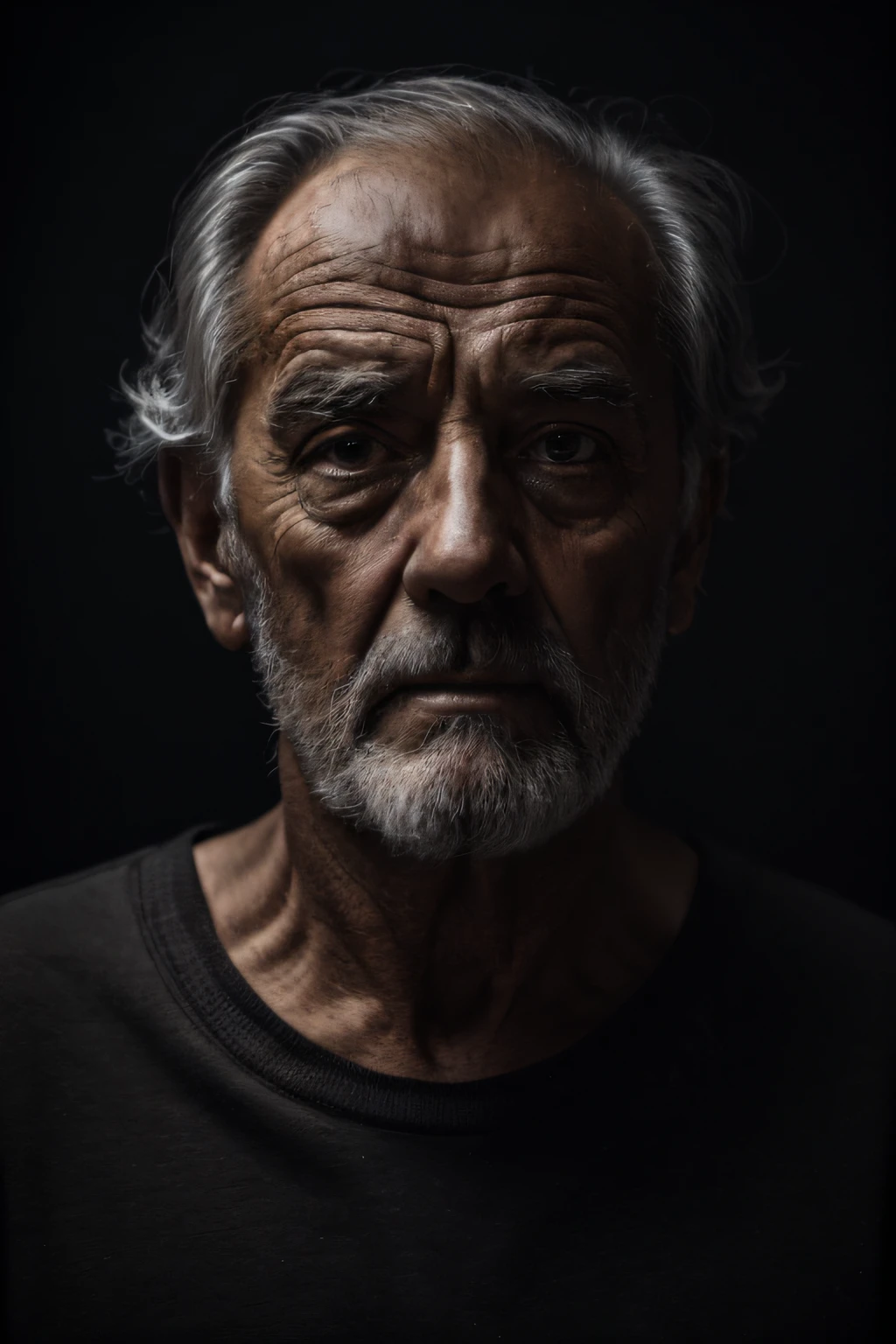 arafed man with a beard and a black shirt looking at the camera, foto do retrato de um homem velho, retrato do homem velho, dramatic portrait, cinematic portrayal, dramatic cinematic portrait, fotografia retrato realista, 8k artistic portrait photography, cinematic headshot portrait, retrato da fotografia, retrato ultra detalhado, dramatic portraiture of namenlos, epic portrait of menacing