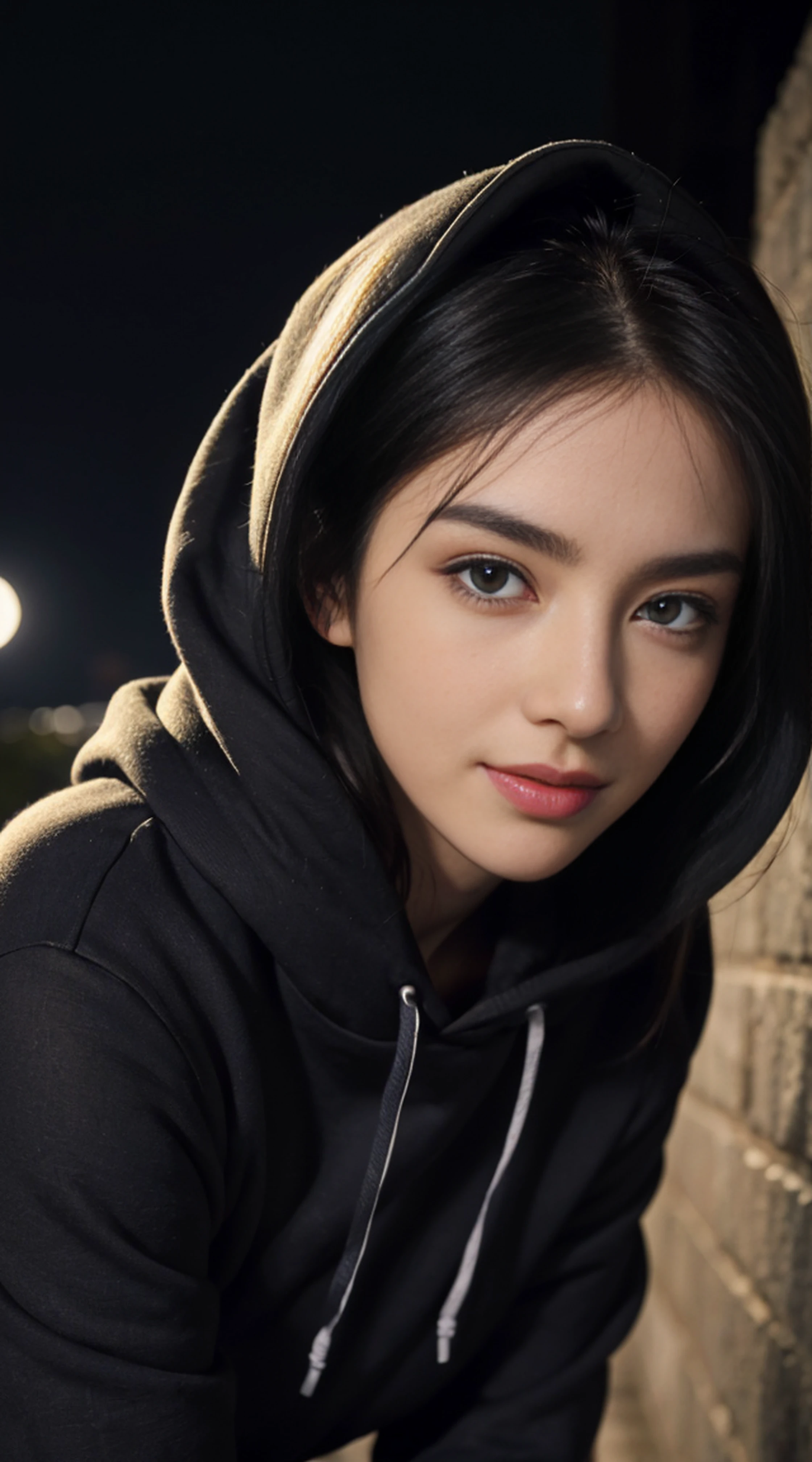 8K, Top Quality, Intricate Details, Ultra Detail, Ultra High Resolution, Masterpiece, random angle, Slender, Smile, (Makeup: 0.4), (Fluffy Blue Eyes: 1.21), blue Eyes, looking at viewer, ((full body)), 1girl, solo, 1 girl, (( full body)), close up shot, , ((tall)), (((fit body))), (((slim face))), sharp face, sharp eyes, (((black hair, long hair, )) , (detailed face), sharp face, small lips, wind blowing hair,
(( )), ((hoodie )), detailed face, detailed breast, , large breast, detail ass, , Beautiful girl with accentuated slender abs: 1.4, Six Pack Abs: 1.4, Bust Botox, Big, Perfect Body, detail leg, (( moonlight)), top of mountain