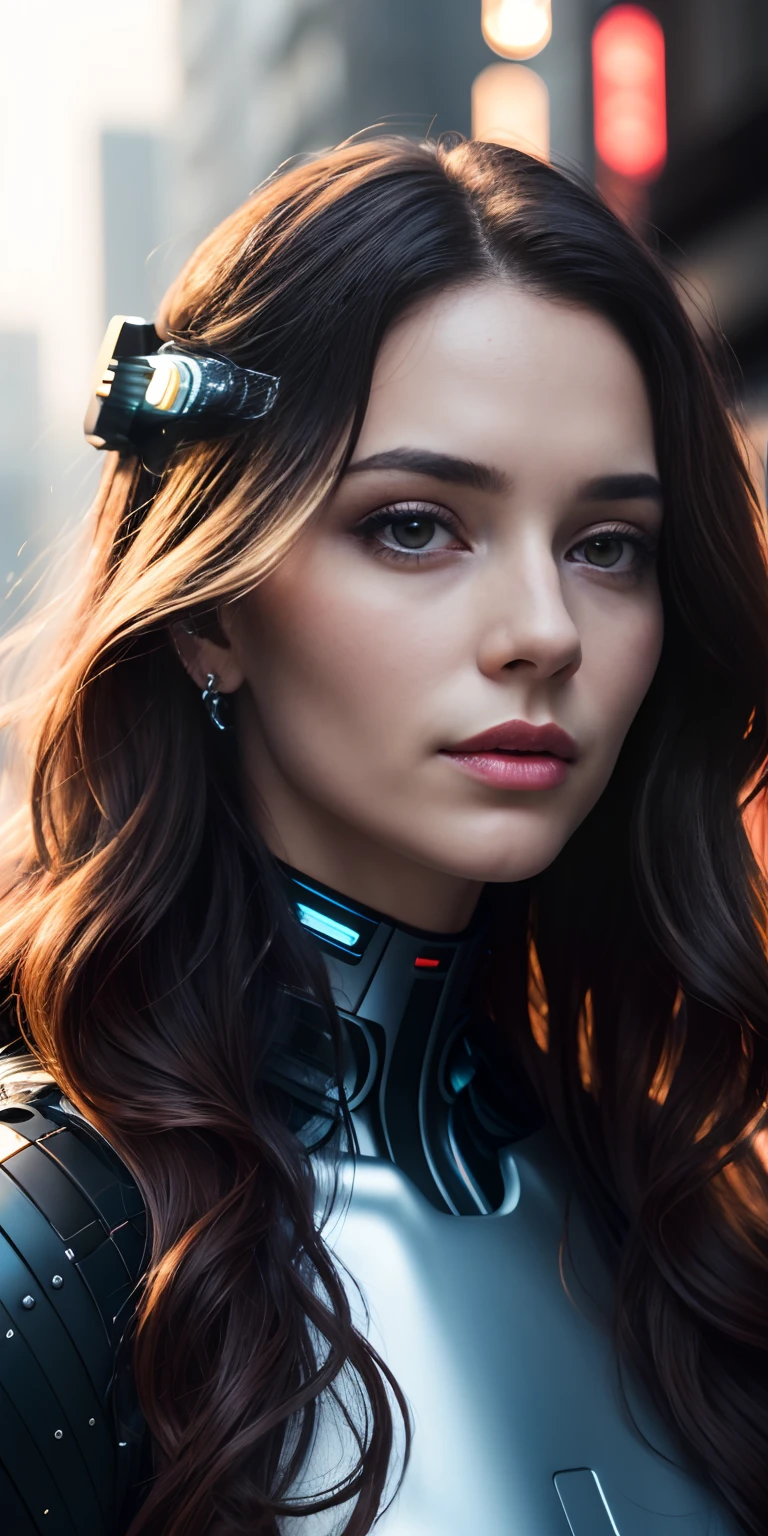 Full face portrait photo of a 25-year-old European girl, RAW, beautiful woman, semi-open strawberry lips, dimples, wistful look, (extra long wavy brown hair), ((detailed face)), ((detailed facial features)), (finely detailed skin), pale skin, (deep neckline detailed high-tech cyberpunk dress), cyberpunk megacity environment, (cool colors), damp, damp, reflections, (masterpiece) (perfect proportion)(realistic photo)(best quality) (detailed) shot on a Canon EOS R5, 50mm lens, F/2.8, HDR, (8k) (wallpaper) (cinematic lighting) (dramatic lighting) (sharp focus) (intricate),RAW photo, gigachad photo, posing for camera, 8k uhd, dslr, high quality, grain film, Fujifilm XT3