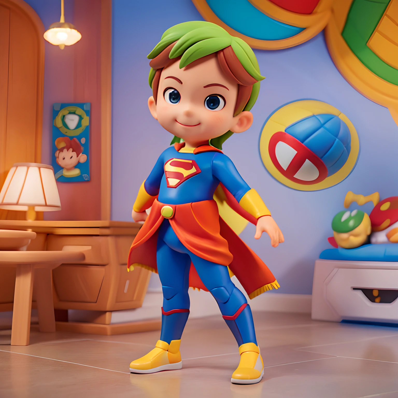 (() garoto))Child dressed as a marvel hero, Feliz, super men, cabelos marrom, cabelo escuro, colorful pants, sorrindo, pulando, Child dressed as a superhero, imagem em formato de desenho animado, estilo da Disney, muitas cores, imagem colorida.