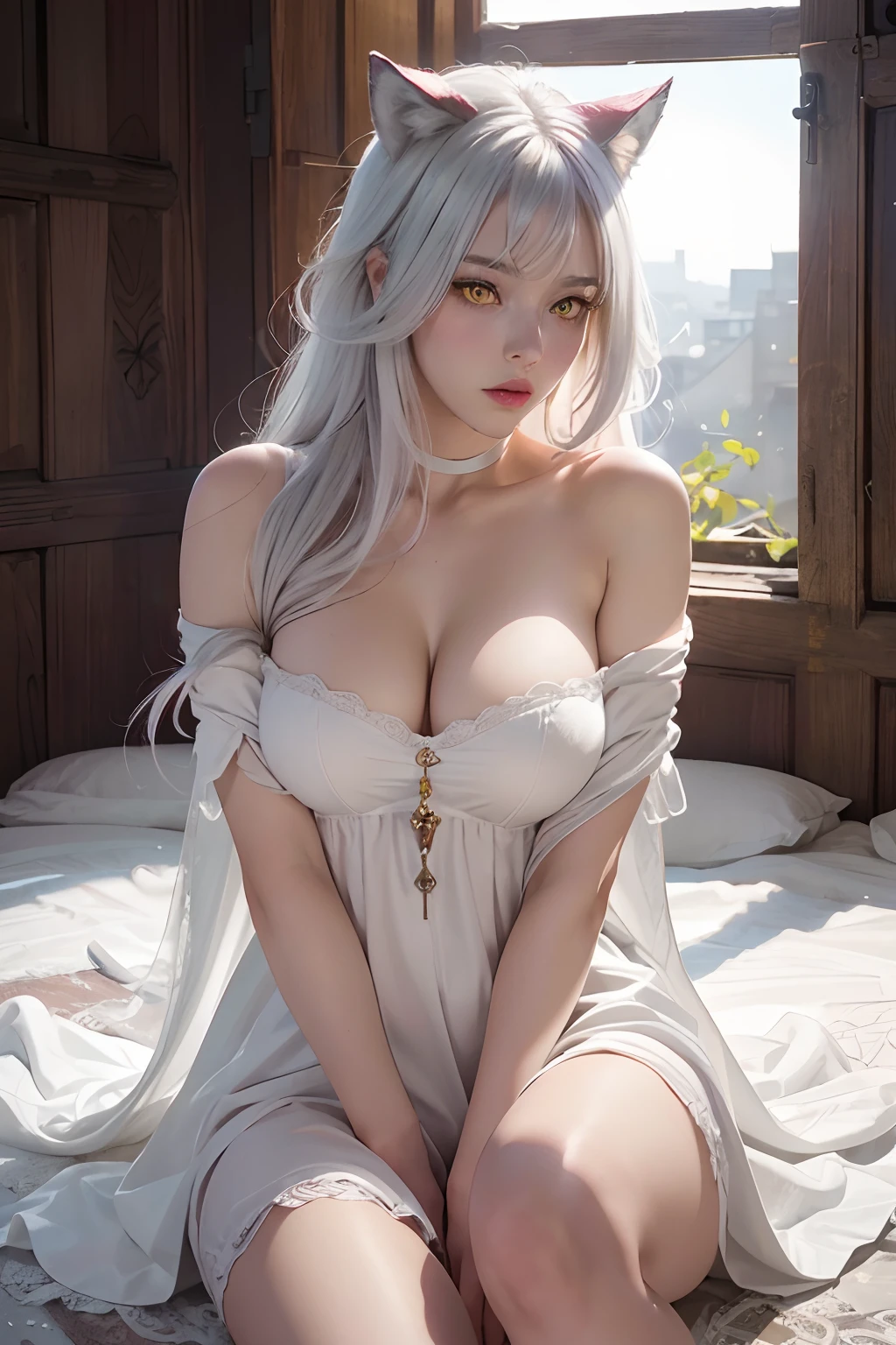 Best Quality, 超High Resolution, (Photorealistic:1.3), RAW photo, 1girl, fine details, ((bright yellow eyes)), ((burgundy eye shadow)), bright white hair, white-gray hair, wolf ears, wolf tail, Masterpiece, NSFW, depraved embarrassed posture, Posing, Innocent Summer White Dress, Opening the shoulder, Long manicure, Fabric exposure,