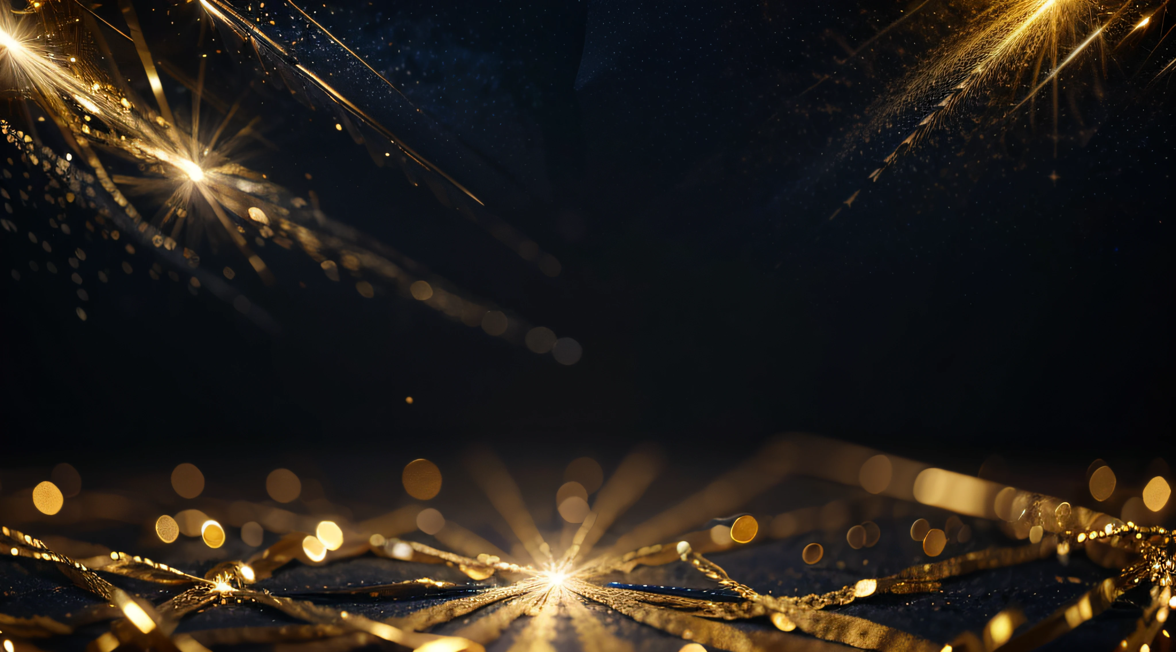 Abstract background with gold stars, particles and sparkling on navy blue. Christmas Golden light shine particles bokeh on navy blue background. 2024 New year background. Gold foil texture