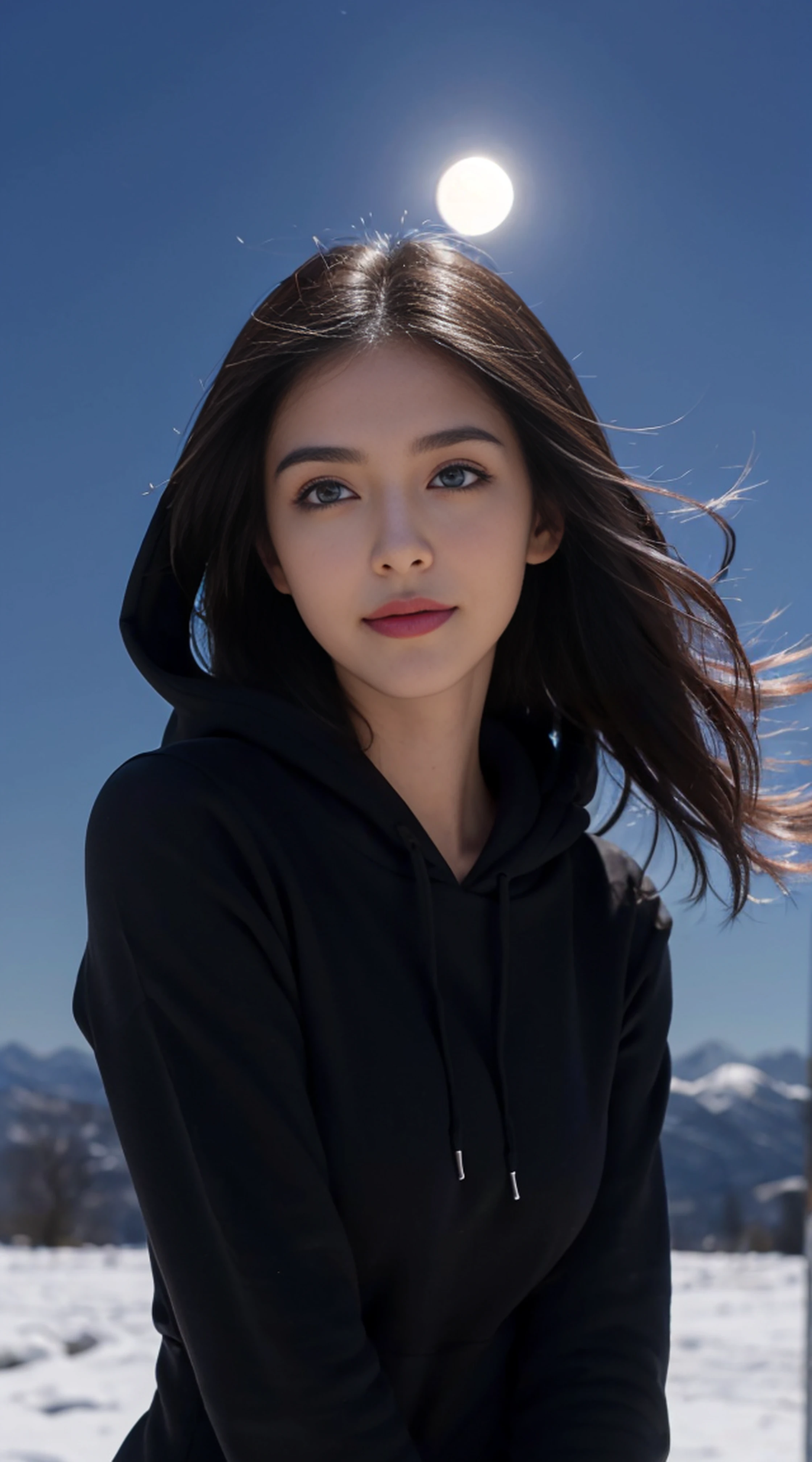 8K, Top Quality, Intricate Details, Ultra Detail, Ultra High Resolution, Masterpiece, random angle, Slender, Smile, (Makeup: 0.4), (Fluffy Blue Eyes: 1.21), blue Eyes, looking at viewer, ((full body)), 1girl, solo, 1 girl, (( full body)), close up shot, , ((tall)), (((fit body))), (((slim face))), sharp face, sharp eyes, (((black hair, long hair, )) , (detailed face), sharp face, small lips, wind blowing hair,
(( )), ((hoodie )), detailed face, detailed breast, , large breast, detail ass, , Beautiful girl with accentuated slender abs: 1.4, Six Pack Abs: 1.4, Bust Botox, Big, Perfect Body, detail leg, (( moonlight)), top of mountain