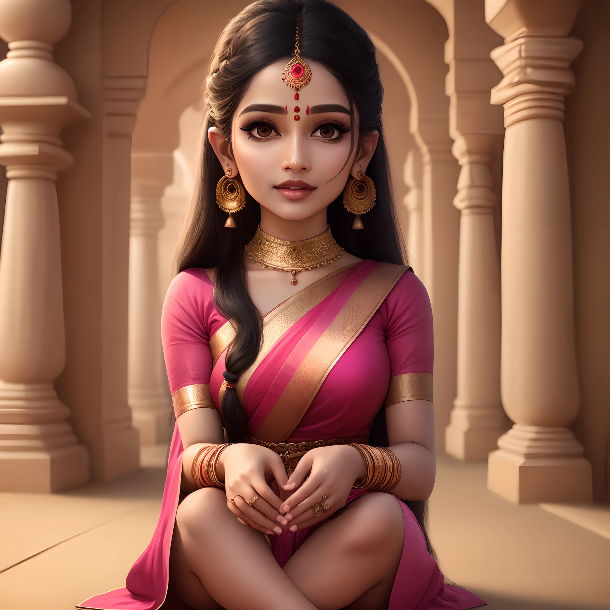 show complete woman,traditional beautiful hindu indian, wearing pink dress, full body, only one woman, extra long hair,  bindi, beautiful arms, beautiful fingers, beautiful foot, with jewellery, closeup of face,full face,black eyes,only 2 hands,with nose ring,ear rings, 8k hd,ultra relastic ,indian temple location