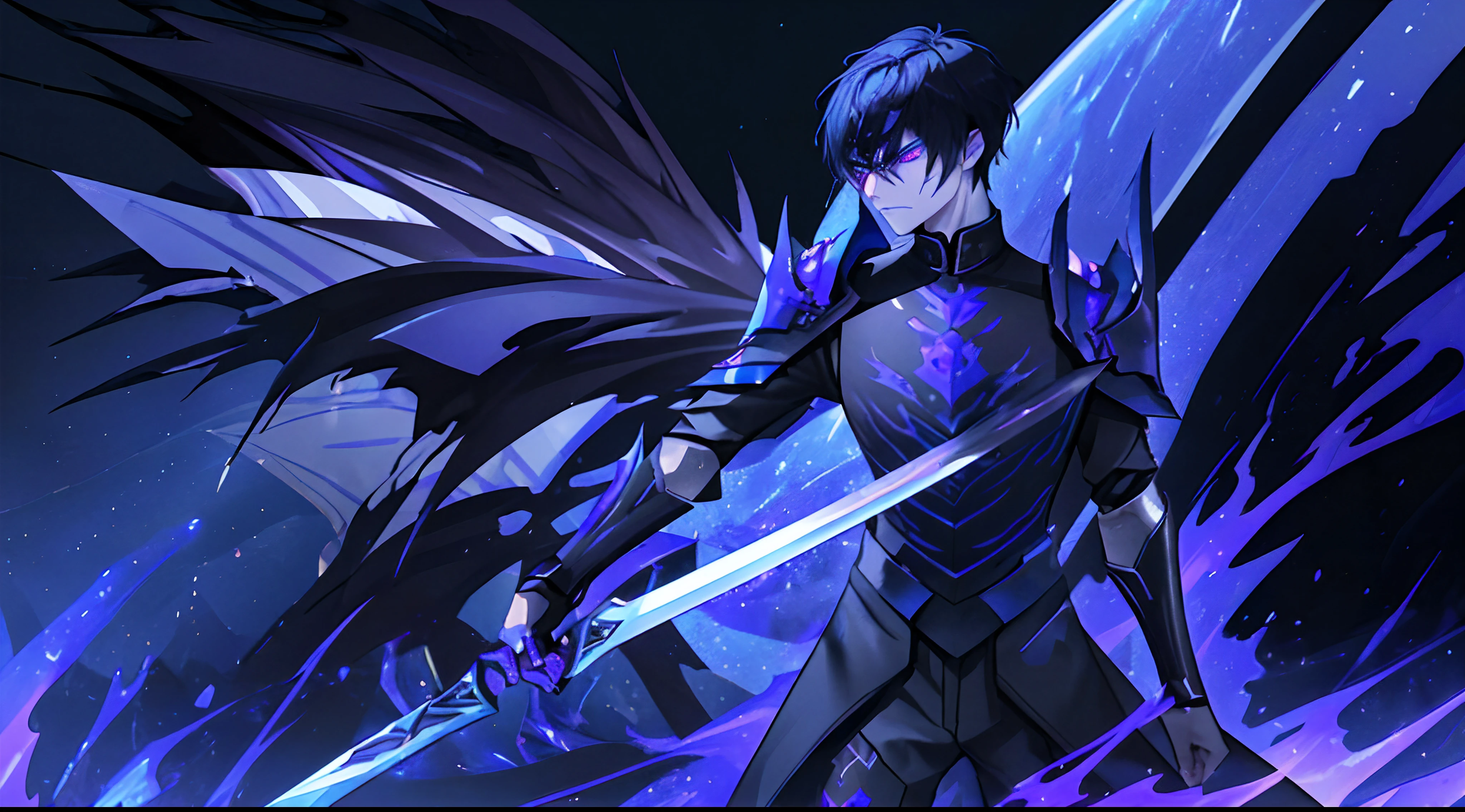 Asian Human with blue eyes and black haired, wearing purple armor fighting a demon-like human with dark aura and purple eyes Male with black armor , Full body, Cinematic shot , 8k Quality , weilding greatsword, clashing swords, sword clinging duel,badass, wearing black armor, black auras, best quality, dark magic, full body shot, cinematic