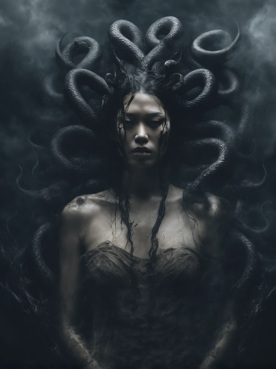 8K resolution, 
foggy liquid swirling void
detailed underwater dystopian nightmare in the ocean 
murky sepia subdued color, rippling water light effects
ultra detailed realistic light rays streaming through murky water 
(wet oiled nude, naked, enigmatic, front view, angelic, alluring beautiful asian demon woman young liu wen, heavy eyeshadow and dark make up, squinting, with black curved ram horns, , a large serpent wrapped around her shoulders. moody dramatic lighting, storm-clouds, rainstorm, lightning, smoky swirling fog environment, ambiguous smoke background,)