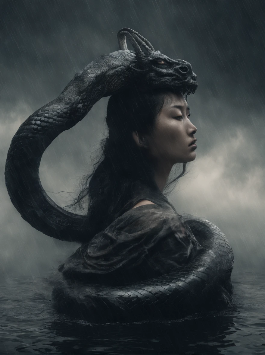 8K resolution,
foggy liquid swirling void
detailed underwater dystopian nightmare in the ocean
murky sepia subdued color, rippling water light effects
ultra detailed realistic light rays streaming through murky water
(wet oiled nude, naked, enigmatic, front view, angelic, alluring beautiful asian demon woman young liu wen, heavy eyeshadow and dark make up, squinting, with black curved ram horns, , a large serpent wrapped around her shoulders. moody dramatic lighting, storm-clouds, rainstorm, lightning, smoky swirling fog environment, ambiguous smoke background,)