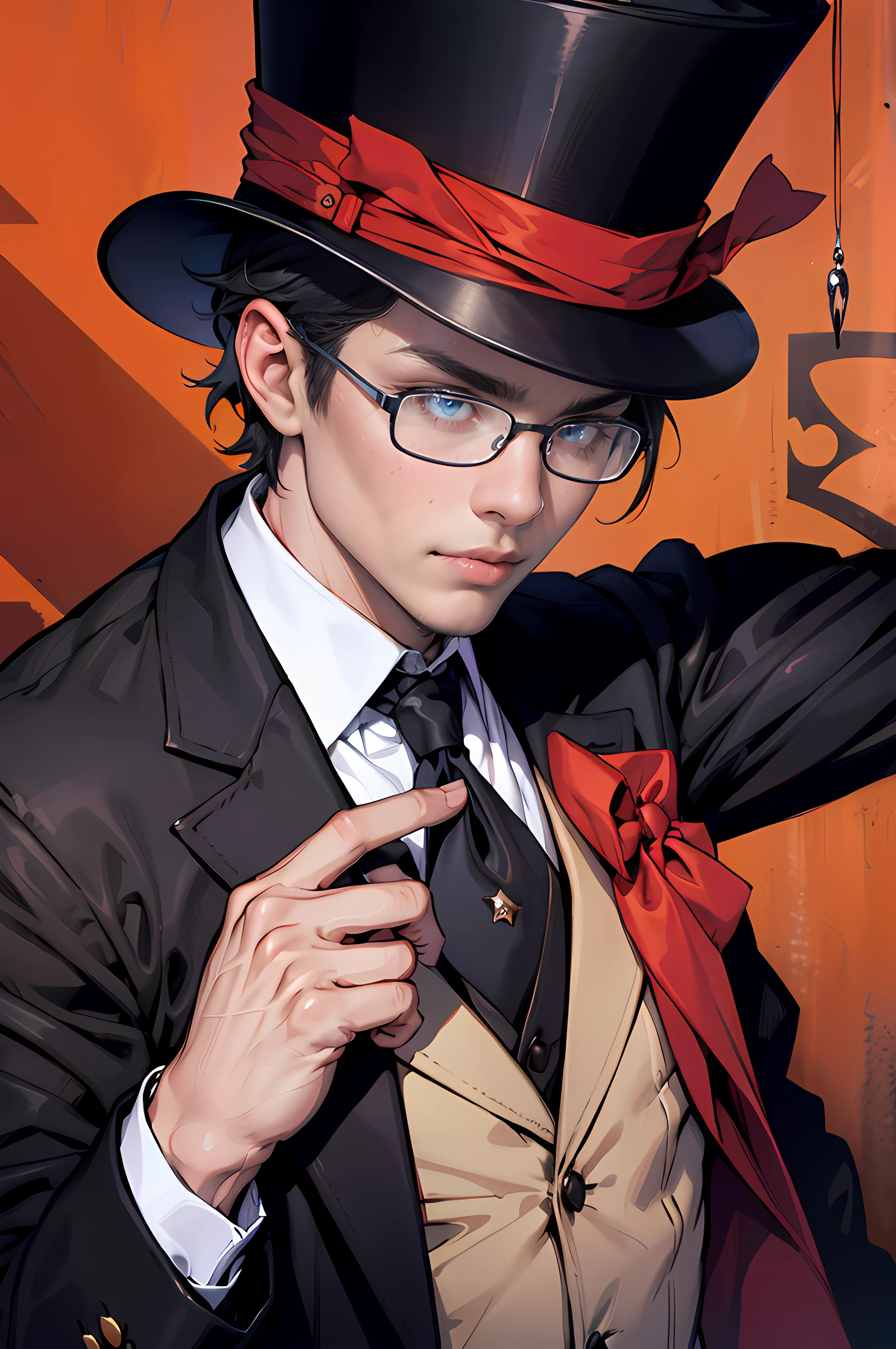 man, Braunes Haar, Schwarze Kleidung, Brille, top hat, roter Hintergrund