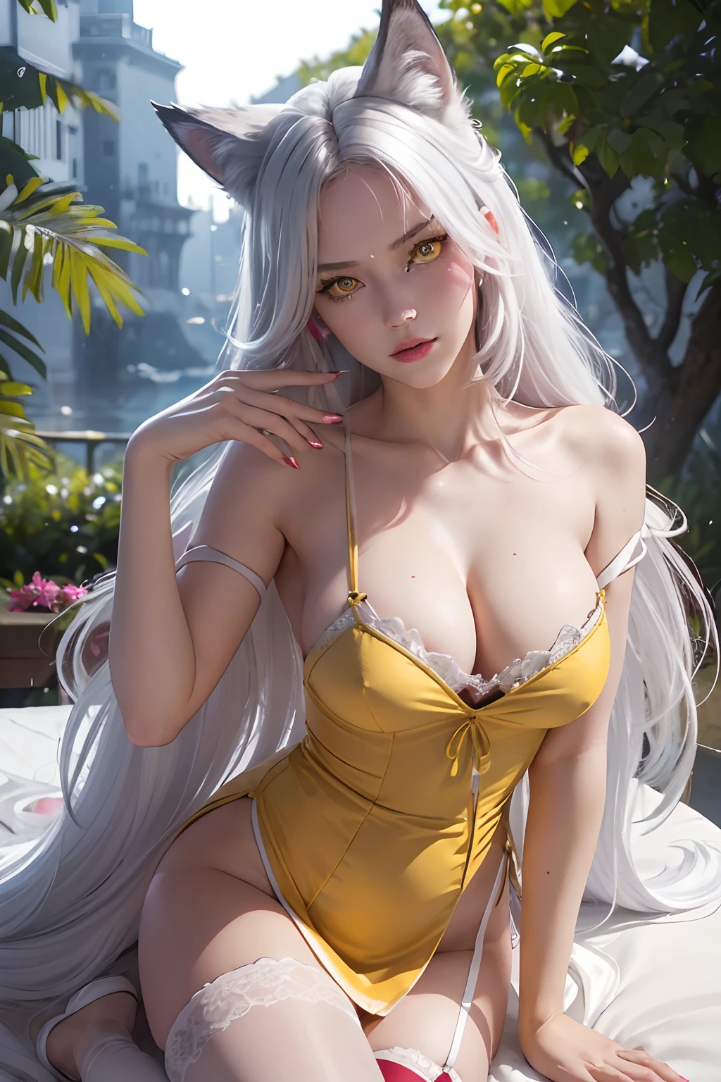 Best Quality, 超High Resolution, (Photorealistic:1.3), RAW photo, 1girl, fine details, ((bright yellow eyes)), ((burgundy eye shadow)), bright white hair, wolf ears, wolf tail, Masterpiece, NSFW, depraved embarrassed posture, Posing, Innocent Summer White Dress, Shoulder Opening, Long manicure, Fabric exposure,