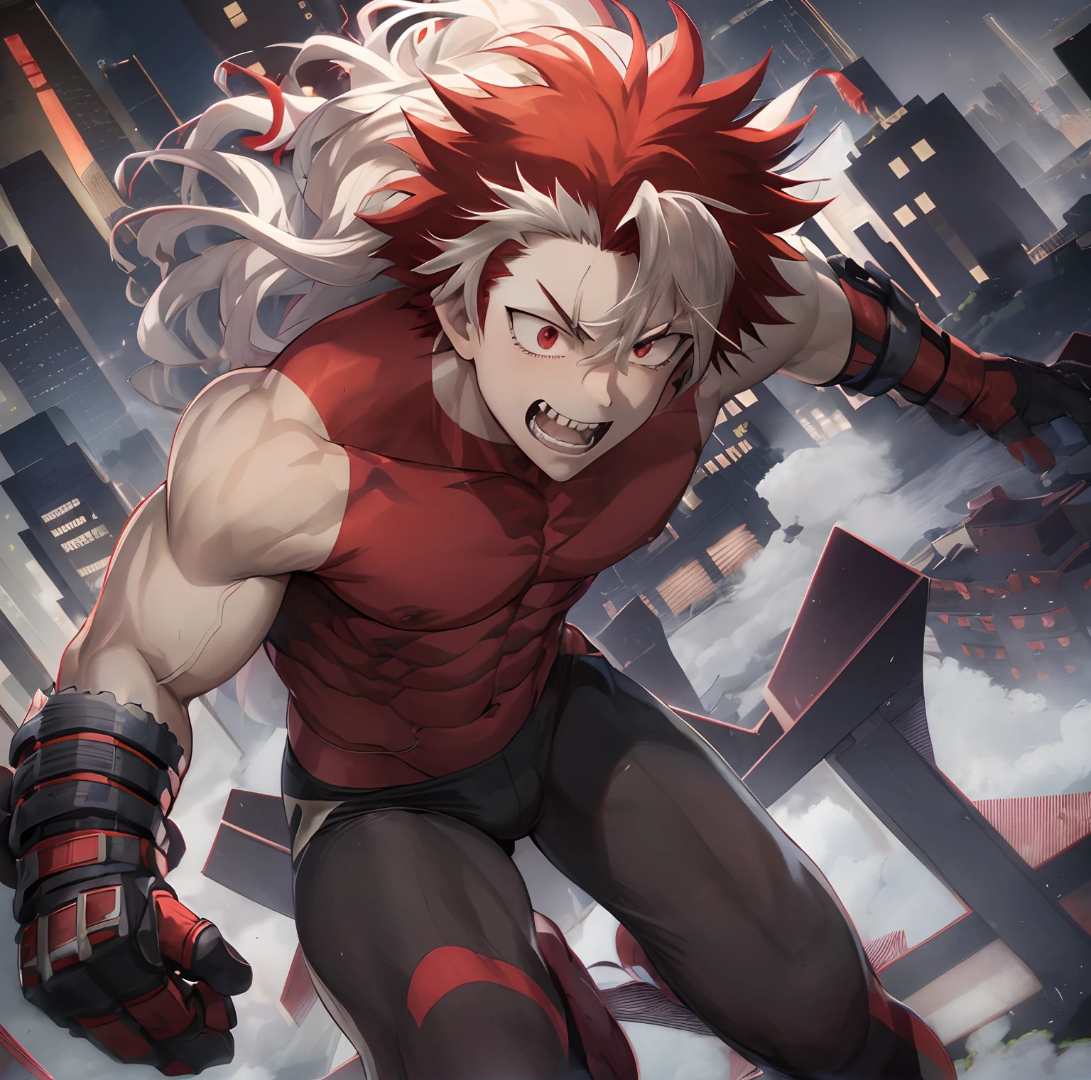 horikoshi kouhei, 1boy, absurdres, red and white hair, Cityscape background, boku no hero academia, chama kou, highres, male focus, muscular, muscular male, clenched teeth, red eyes, long hair, Fluffy hair, sleeveless, knuckle gloves, 2 arms, 2 hands,