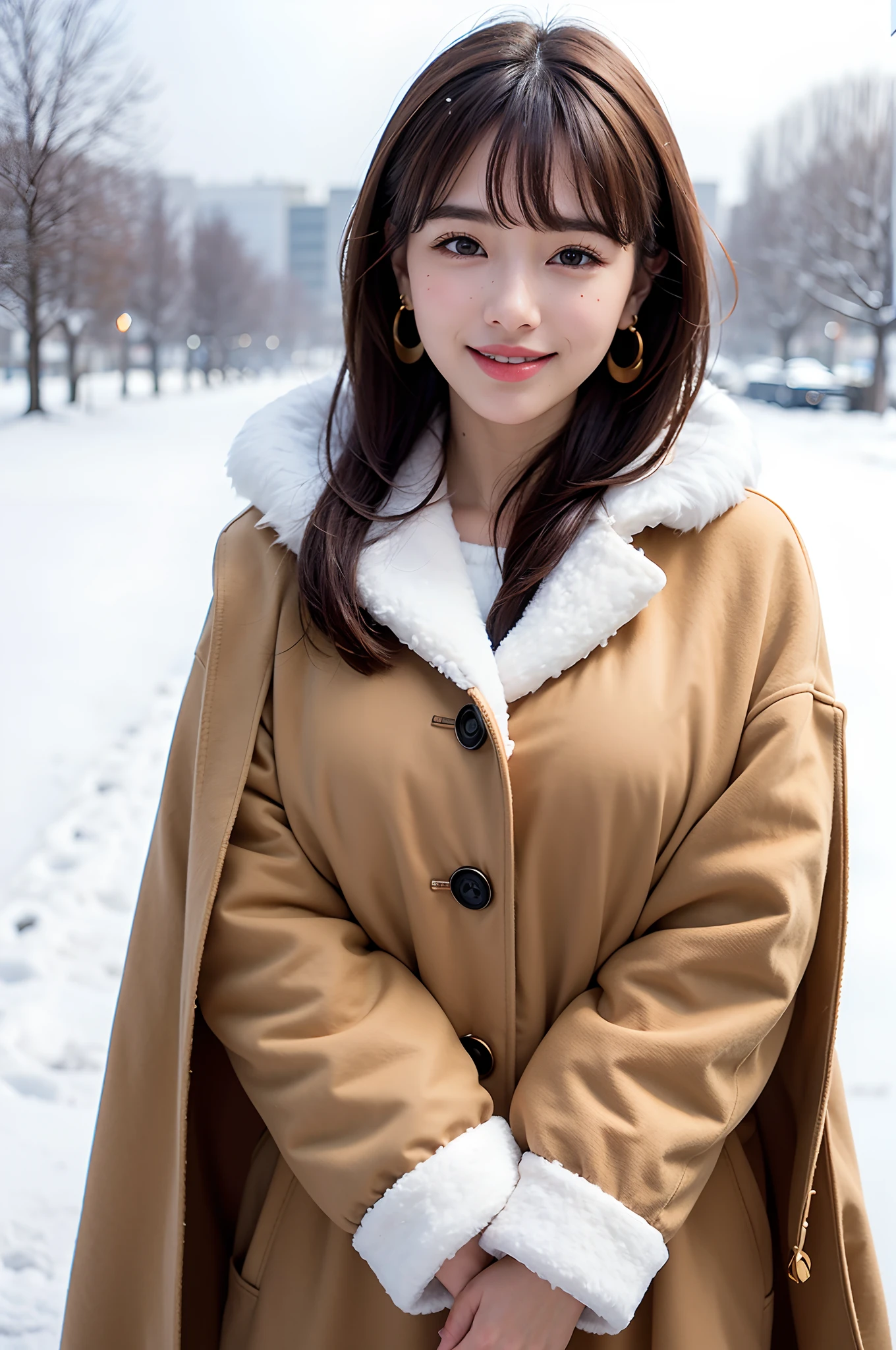 1 girl, bare_tree, brown_eyes, brown_hair, building, coat, cross_earrings, earrings, fur, fur trimmed_coat, fur_collar, fur_scarf, fur_trim, jewelry, lips, shorthair, looking_at_viewer, outdoors, snow, snow, solo, tree, upper_body, Winter, winter_clothes, detailed_eyes, Big breasts, chest close with arms, chest to camera, big, ears out, golden ratio face, golden ratio body, best quality, ultra high definition, bangs, thick bangs, highlights in eyes, mouth closed, happy smile