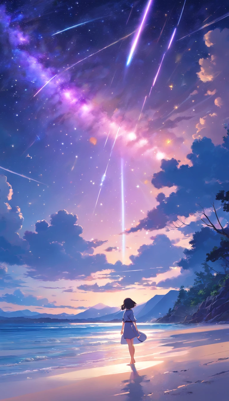 The entire starry sky of the galaxy,Twinkling starlight,Boundless,Fantastic sight,A girl stands,Beautiful beach around。
