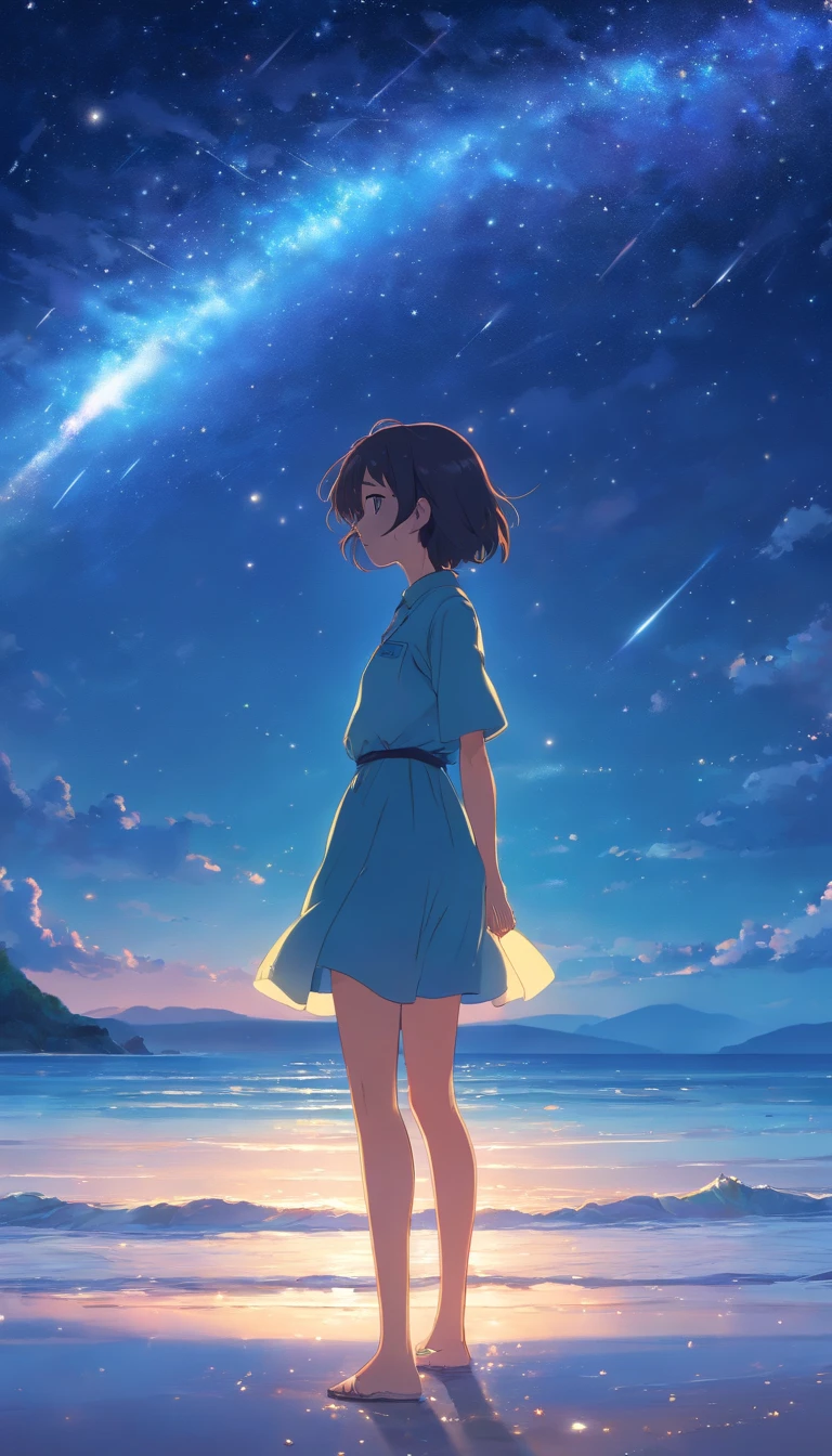 The entire starry sky of the galaxy,Twinkling starlight，Boundless，Fantastic sight,A girl stands,Beautiful beach around。