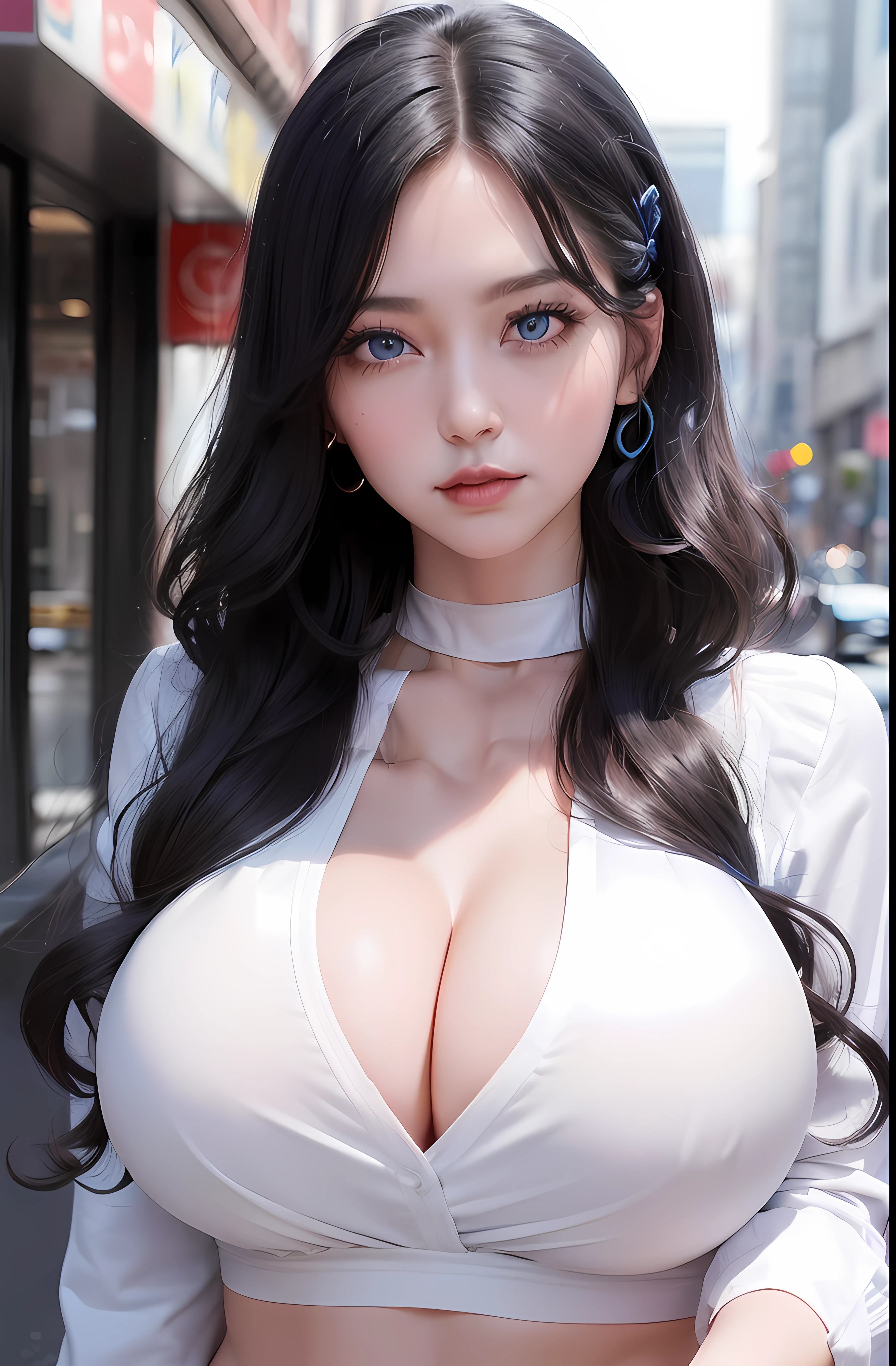 Female((30year old)), hair((long, wavy, black)), eyes((smart eyes,blue eyes contact)), clothes((white shirts, high waist panties)), accessories ((hair clip, chocker)), ponytail, big boobs: 1.3, gigantic breast:1.2, korean make-up look, cleavage, streets, night town, smiling,