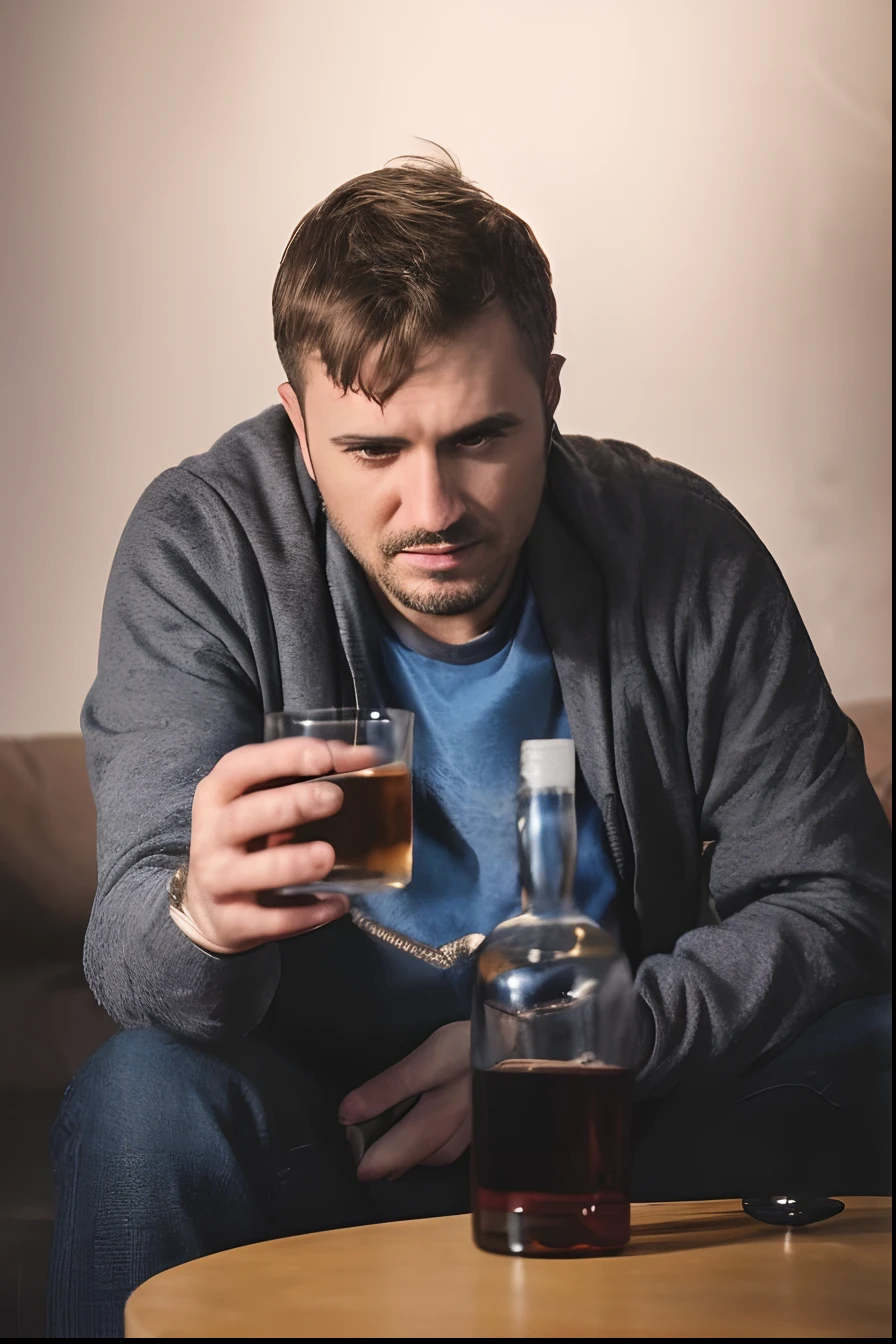 Man sitting on a sofa holding a glass of alcohol, bottles of alcohol next to him, portrait of an alcoholic, sky high level of alcoholism, drinking alcohol, drinking whiskey, Homem na casa dos 30 anos, alcohol, drink a glass of whiskey, beber e fumar, addiction, Homem de 30 anos, submecanofobia