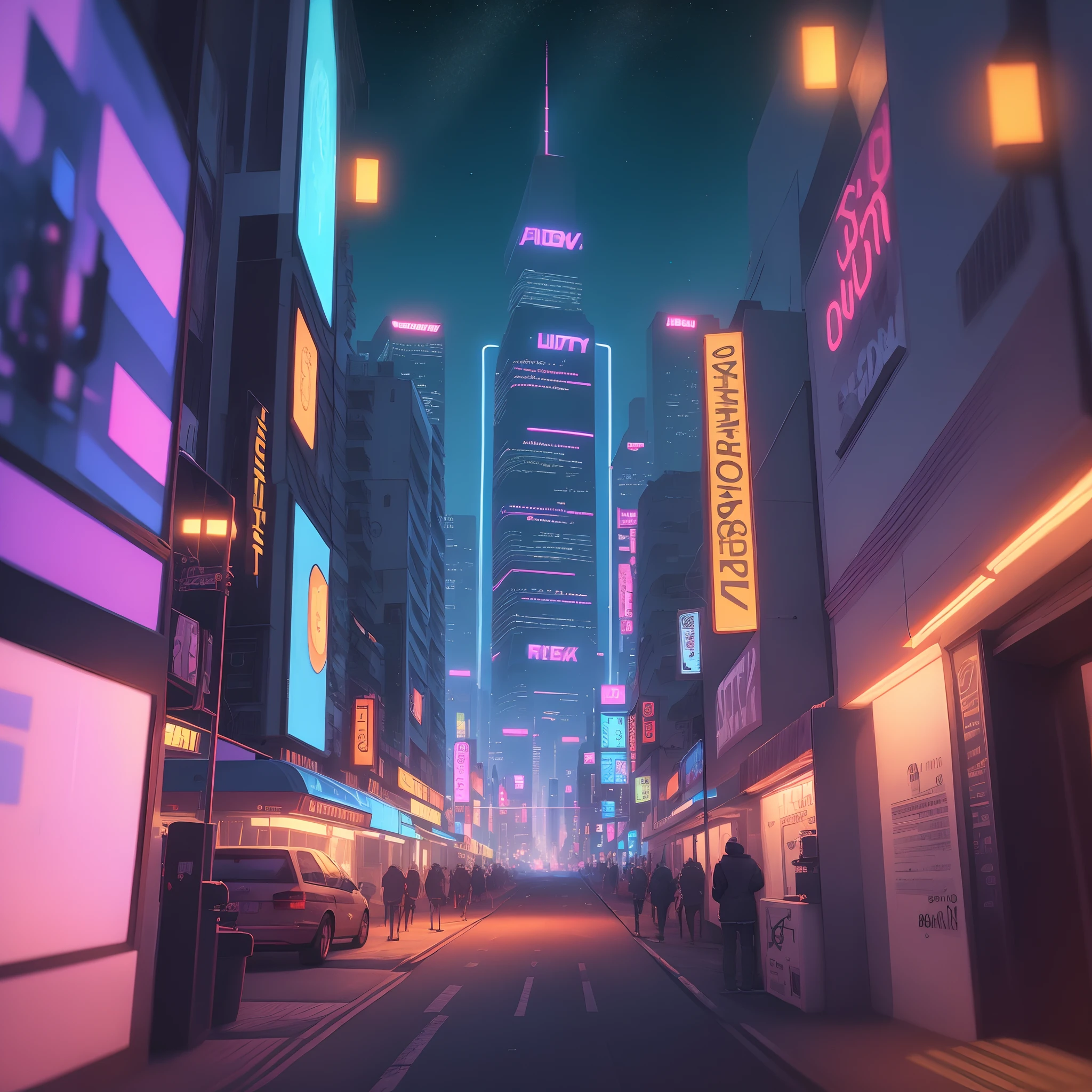 cyberpunkcity　neon color　Blue-haired YouTuber　8K bright precision rendering　Nightfall sky　Synth Wave