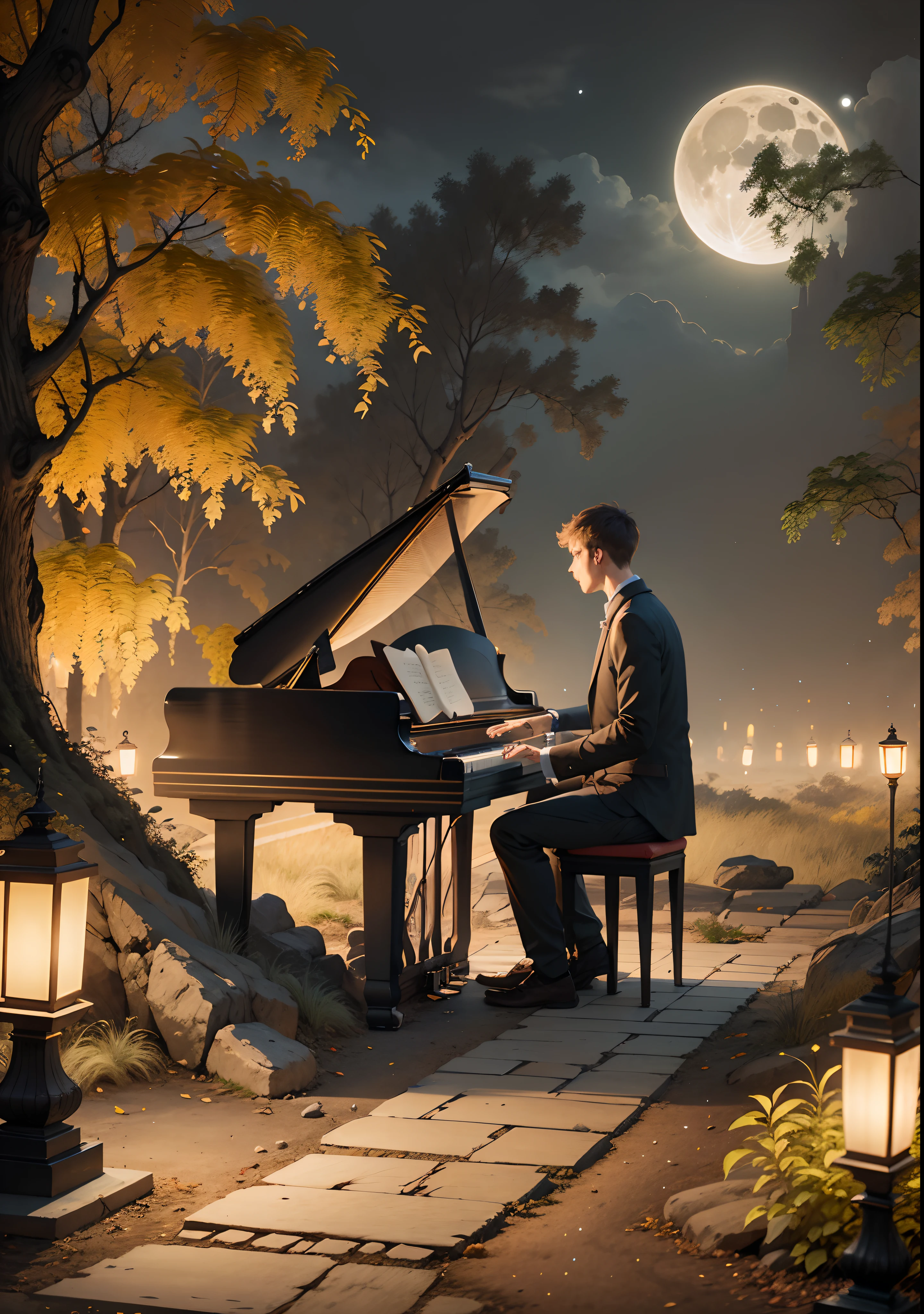 Slender guy of Russian appearance playing the piano in the park, In the dark time of the day, Under the left of the moon and lanterns, And there are yellow foliage all around