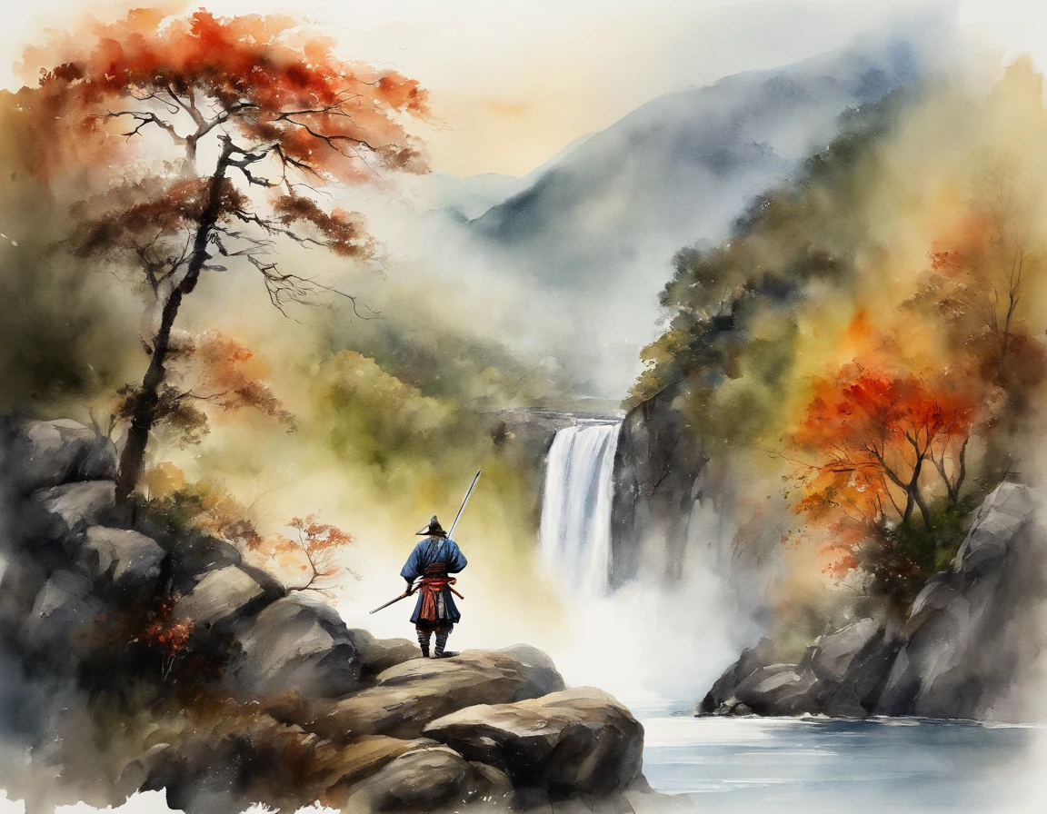 (um SAMURAI,behind,Standing on a mountain,Imagem de,cachoeira e rio,de volta voltada para os telespectadores,Folha de outono voando)(fotorrealista,ultra-detalhado)